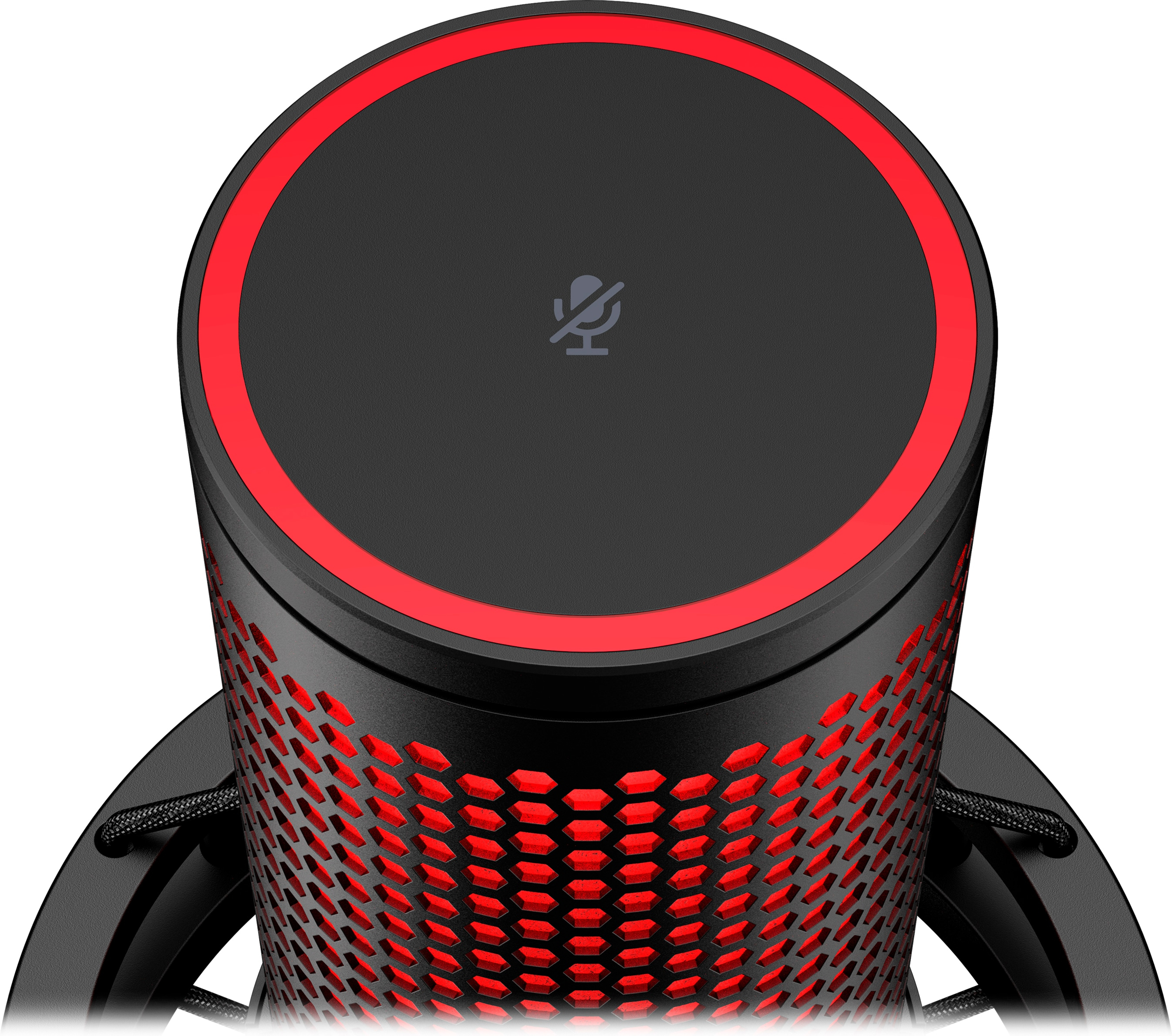 Nahaufnahme eines schwarzen und roten Mikrofons. Rotes Licht oben. Sechseck-Design am Körper. Draufsicht.