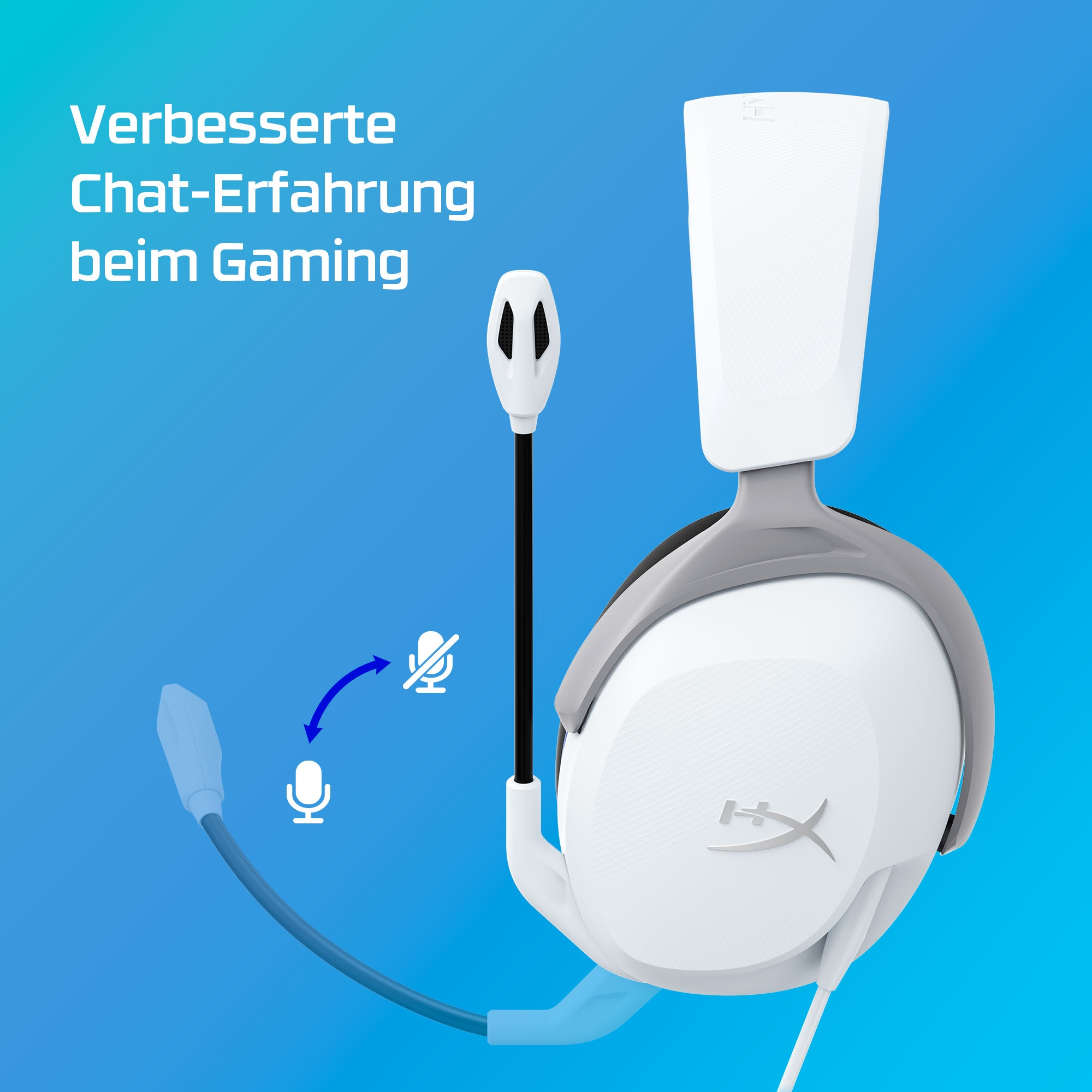 Weißes Gaming-Headset mit Mikrofon auf blauem Hintergrund.