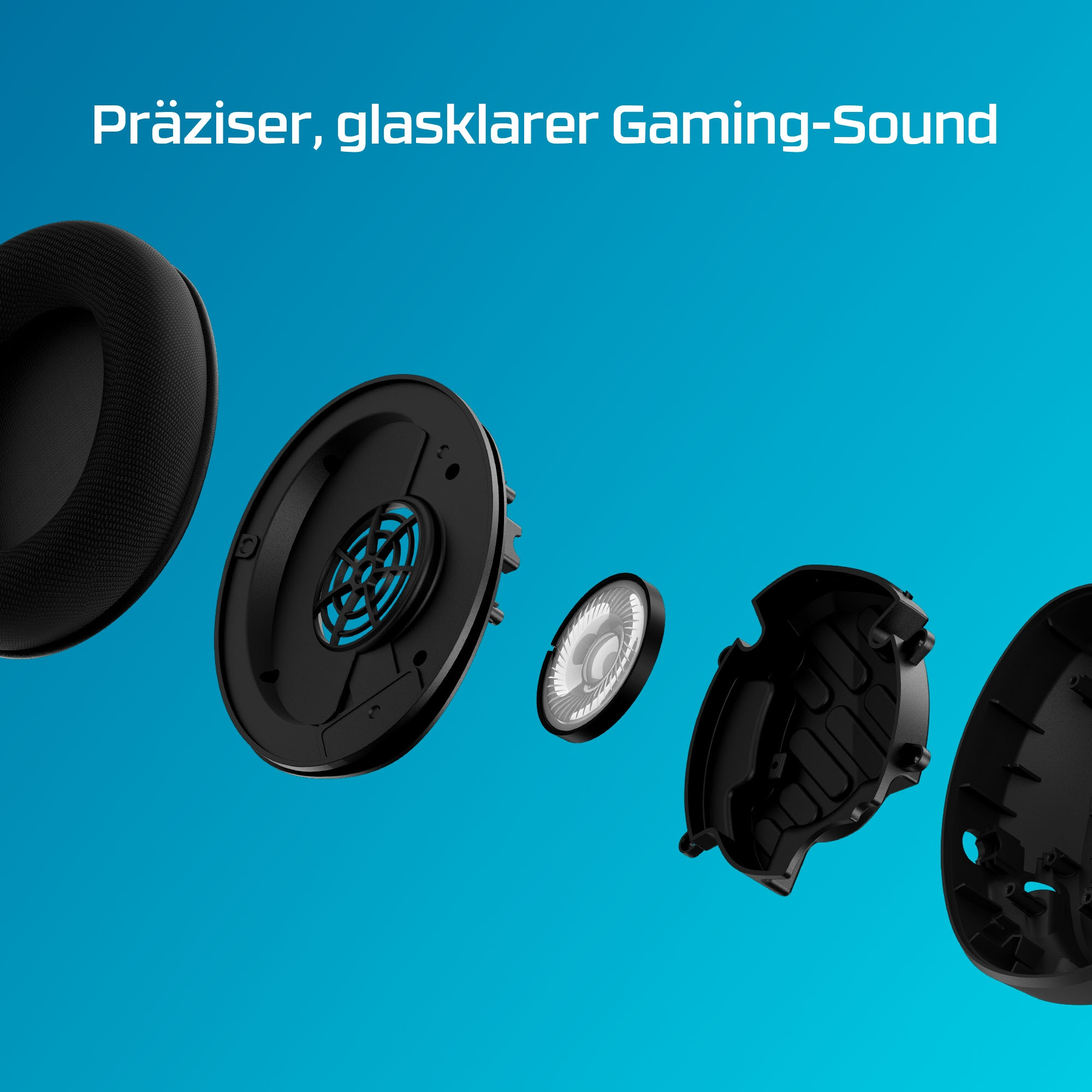 Explosionsansicht eines Gaming-Headsets, schwarz und blau auf blauem Hintergrund.