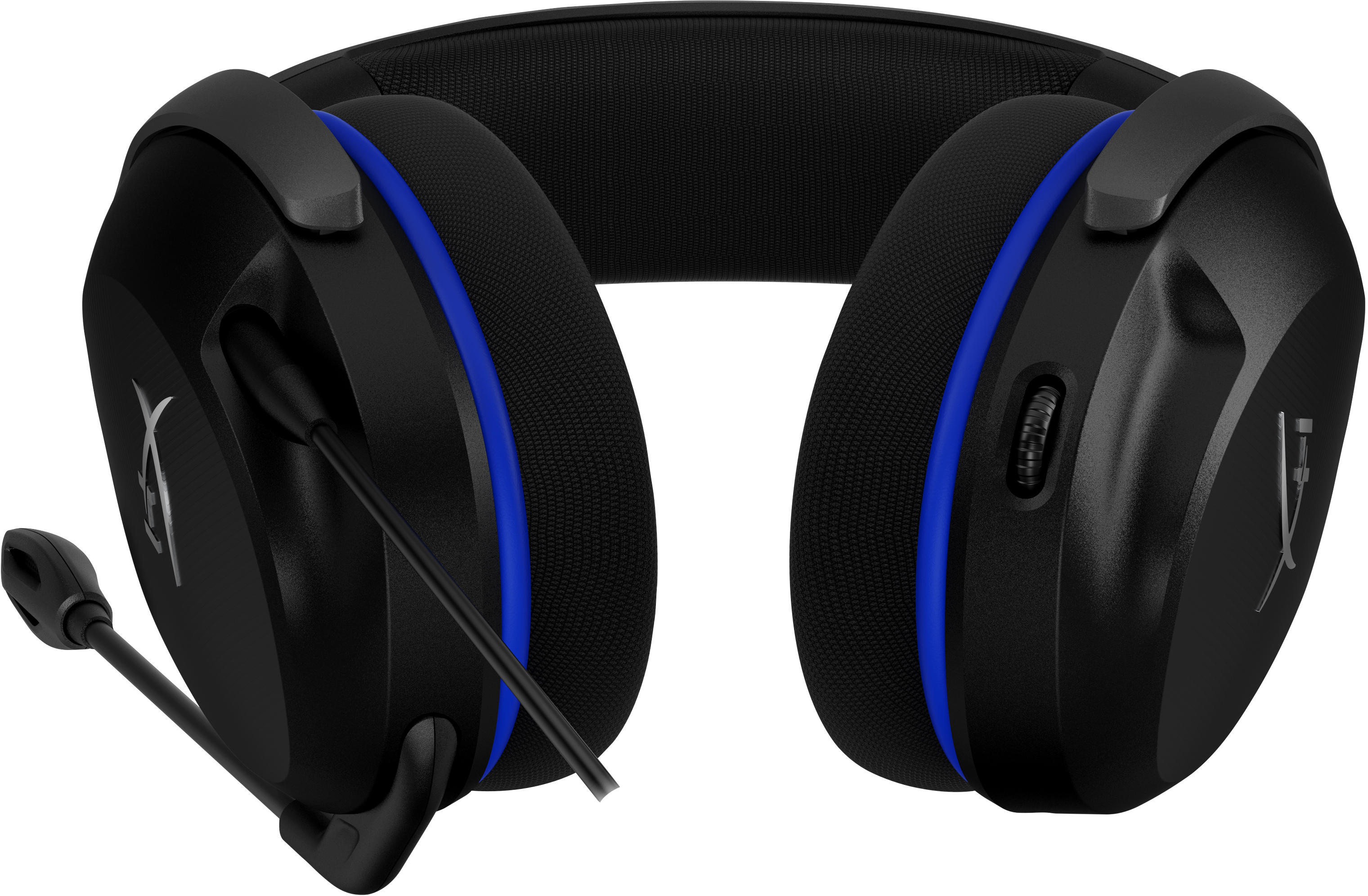 Schwarzes Gaming-Headset mit blauen Akzenten. Mikrofon links.