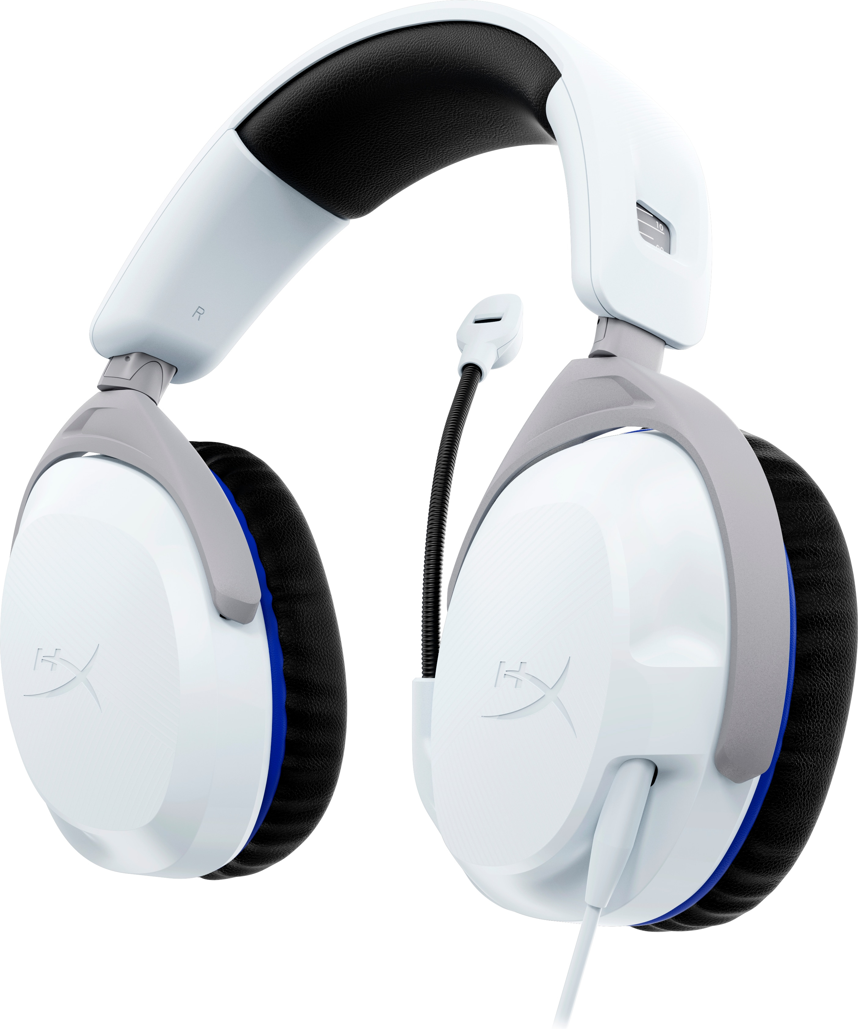 Weißes und graues Gaming-Headset mit schwarzem Mikrofon. Das HyperX-Logo ist sichtbar.