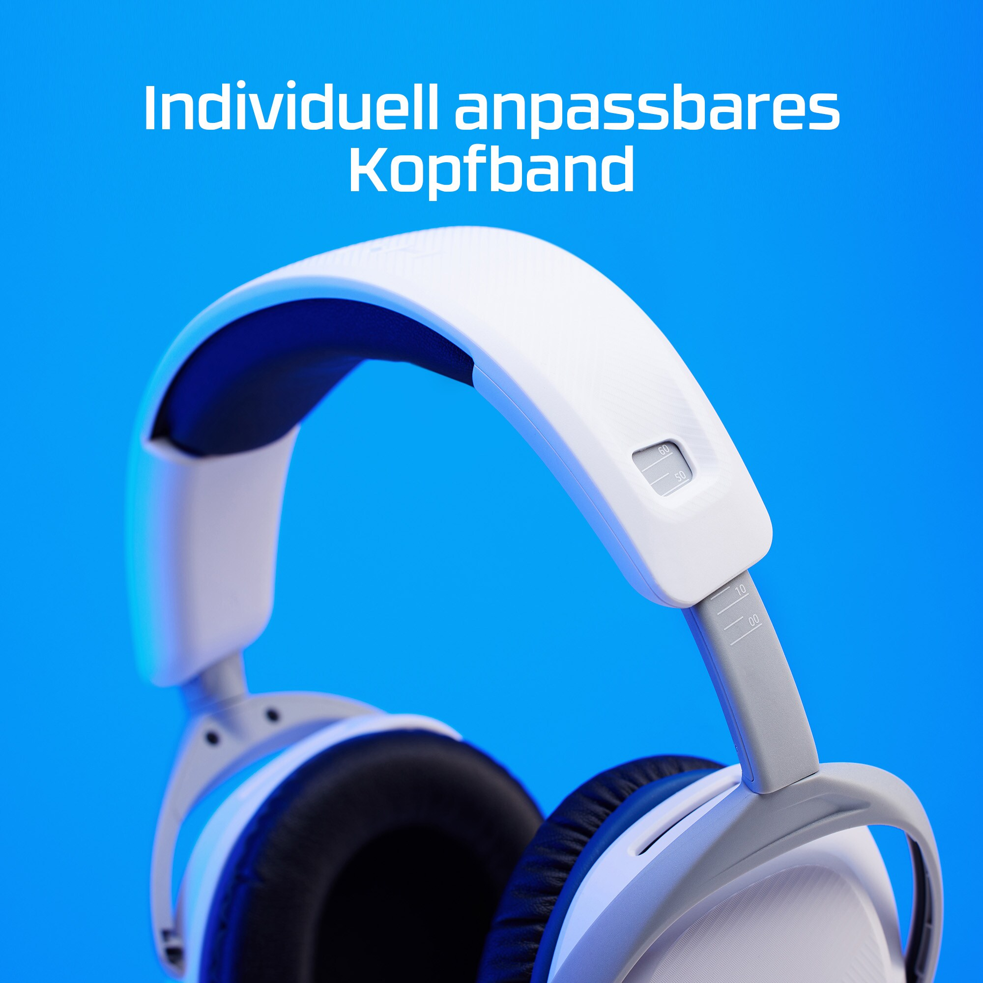 Weiße Kopfhörer mit verstellbarem Kopfband auf blauem Hintergrund.