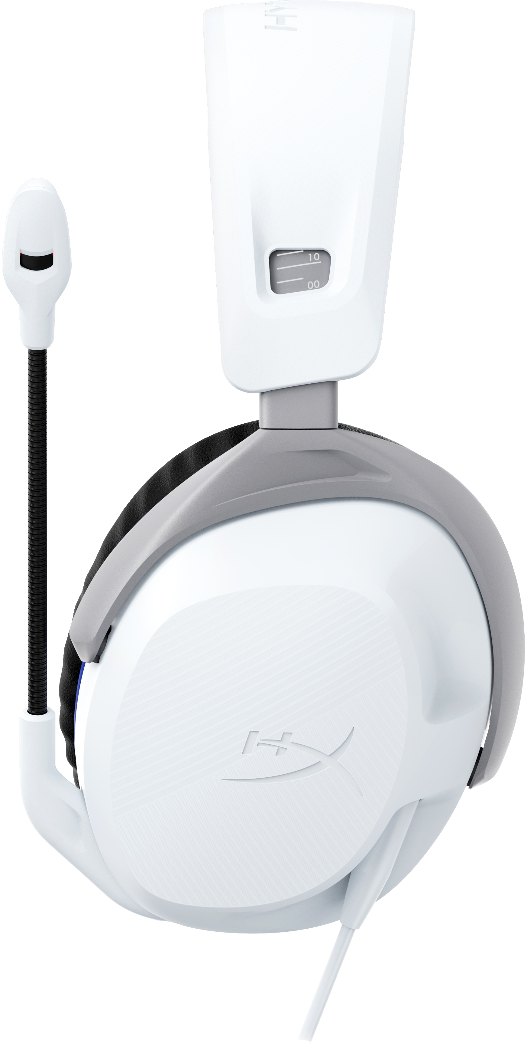 Weißes Gaming-Headset mit Mikrofon, grauen Akzenten und dem HyperX-Logo.