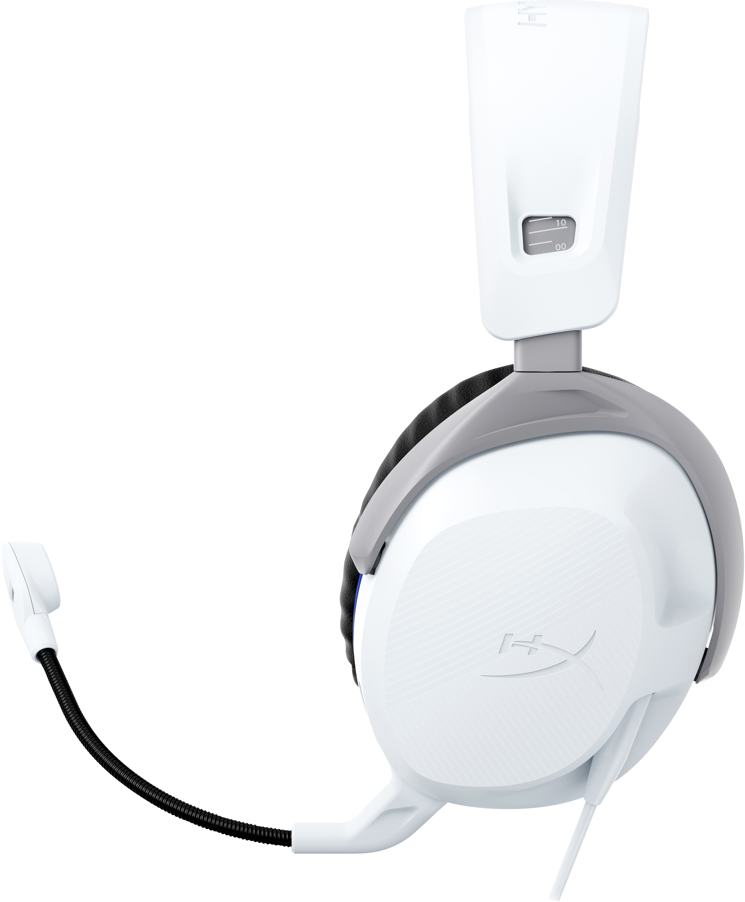 Ein weißes und graues HyperX-Headset mit Mikrofon. Die Ohrpolster sind weiß.
