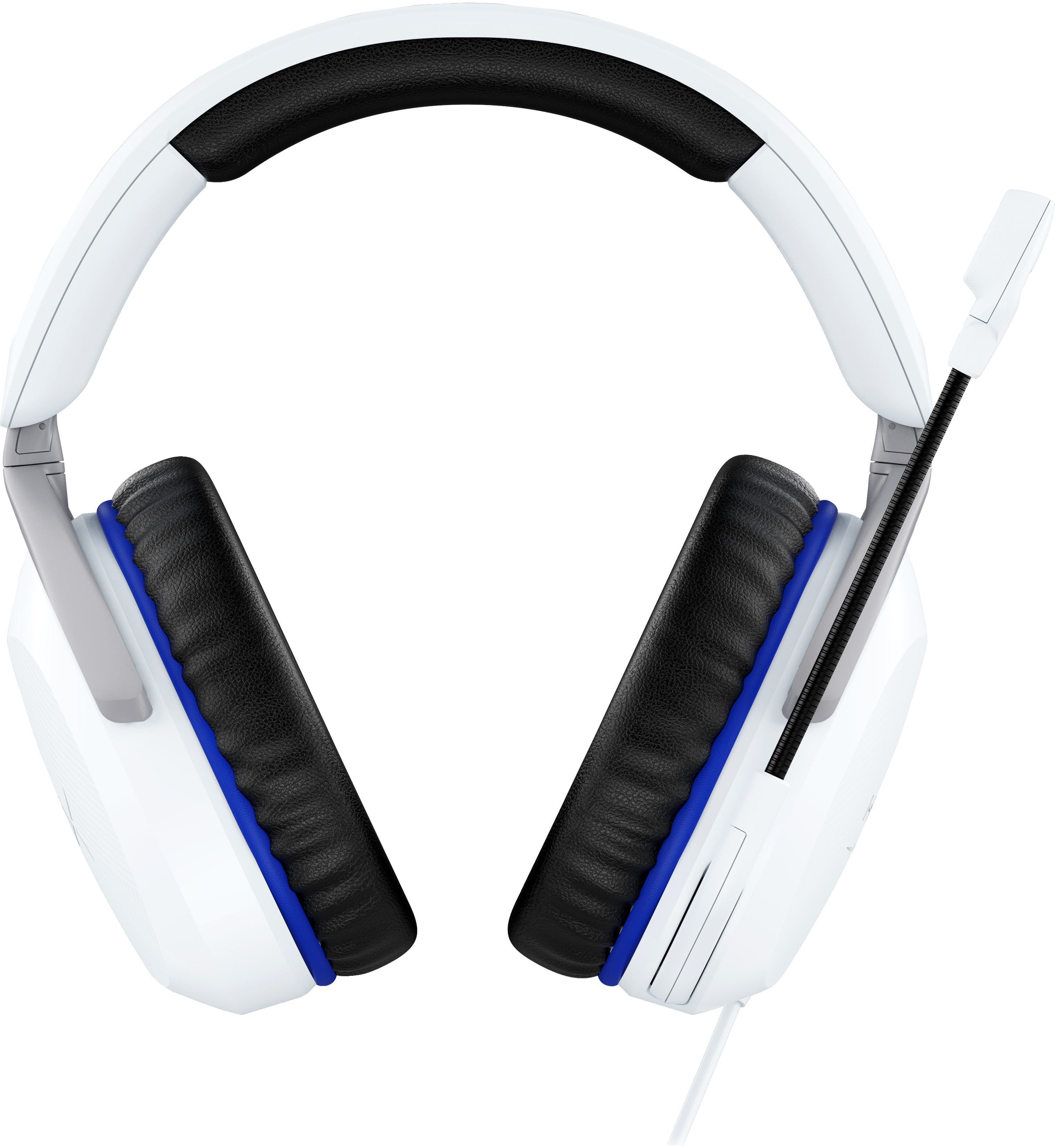 Weißes Gaming-Headset mit blauen und schwarzen Akzenten. Mikrofon rechts.