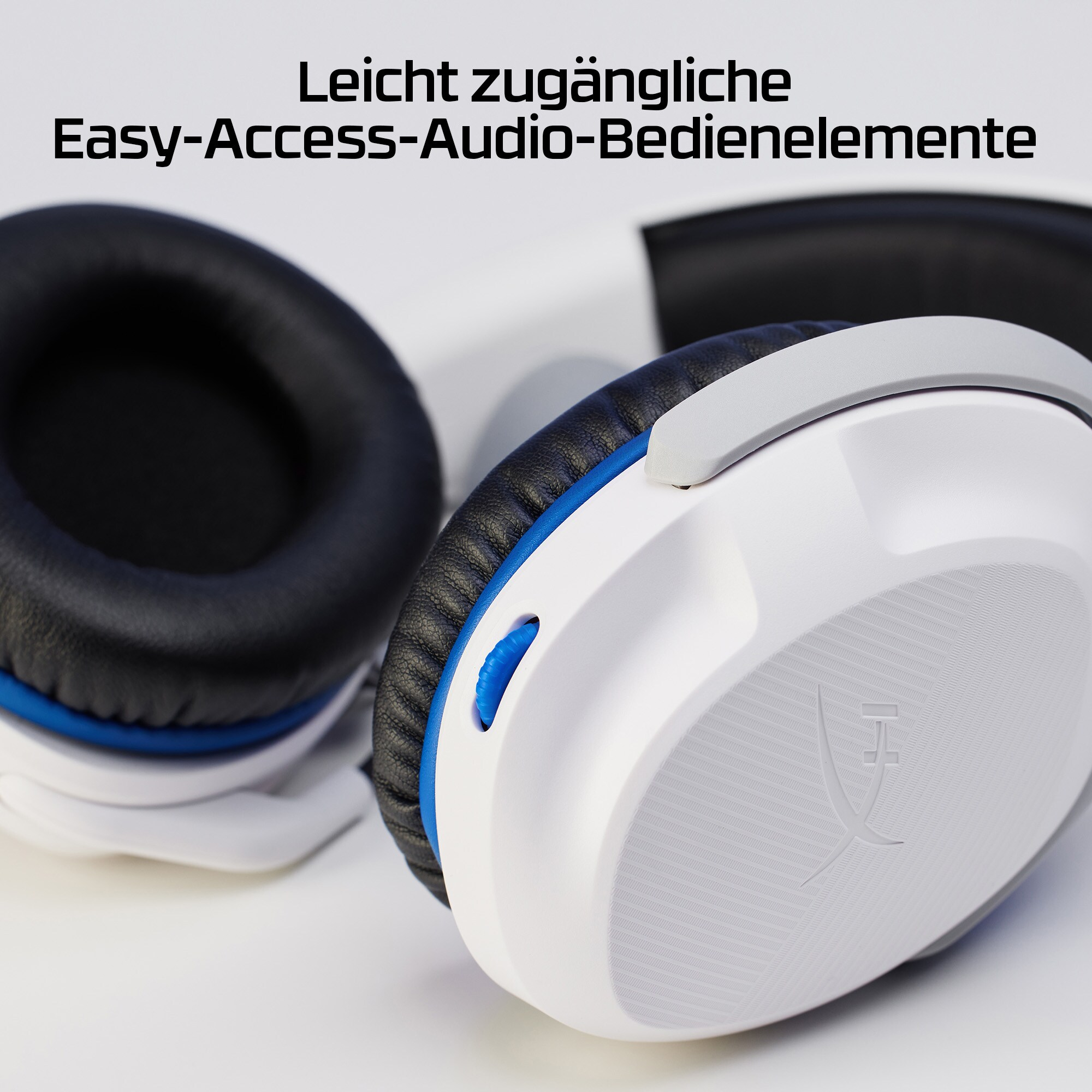 Weiße und graue Kopfhörer. Der Text lautet 'Easy-Access-Audio-Bedienungselemente'.