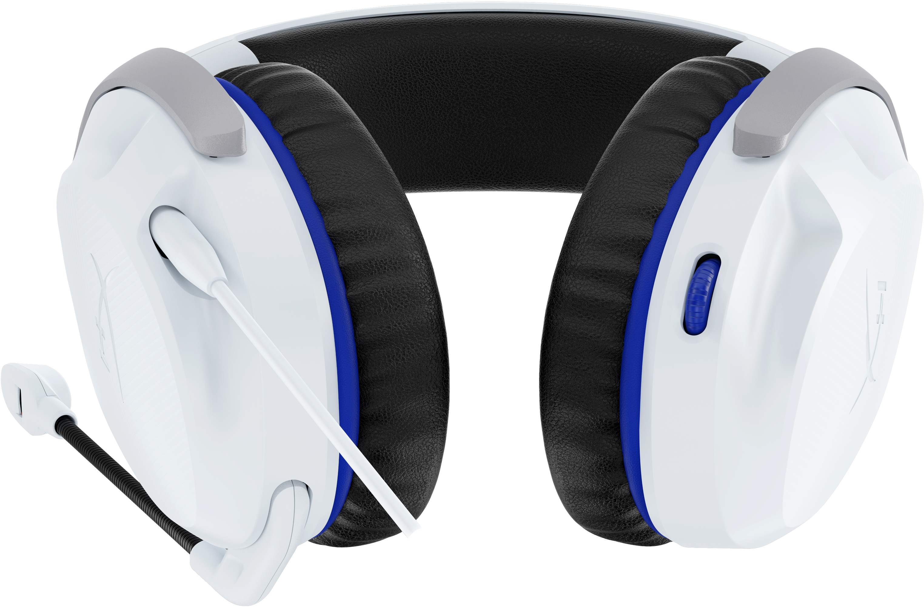 Weißes Gaming-Headset mit blauen Akzenten. Das Mikrofon ist links. Die Ohrmuscheln sind sichtbar.