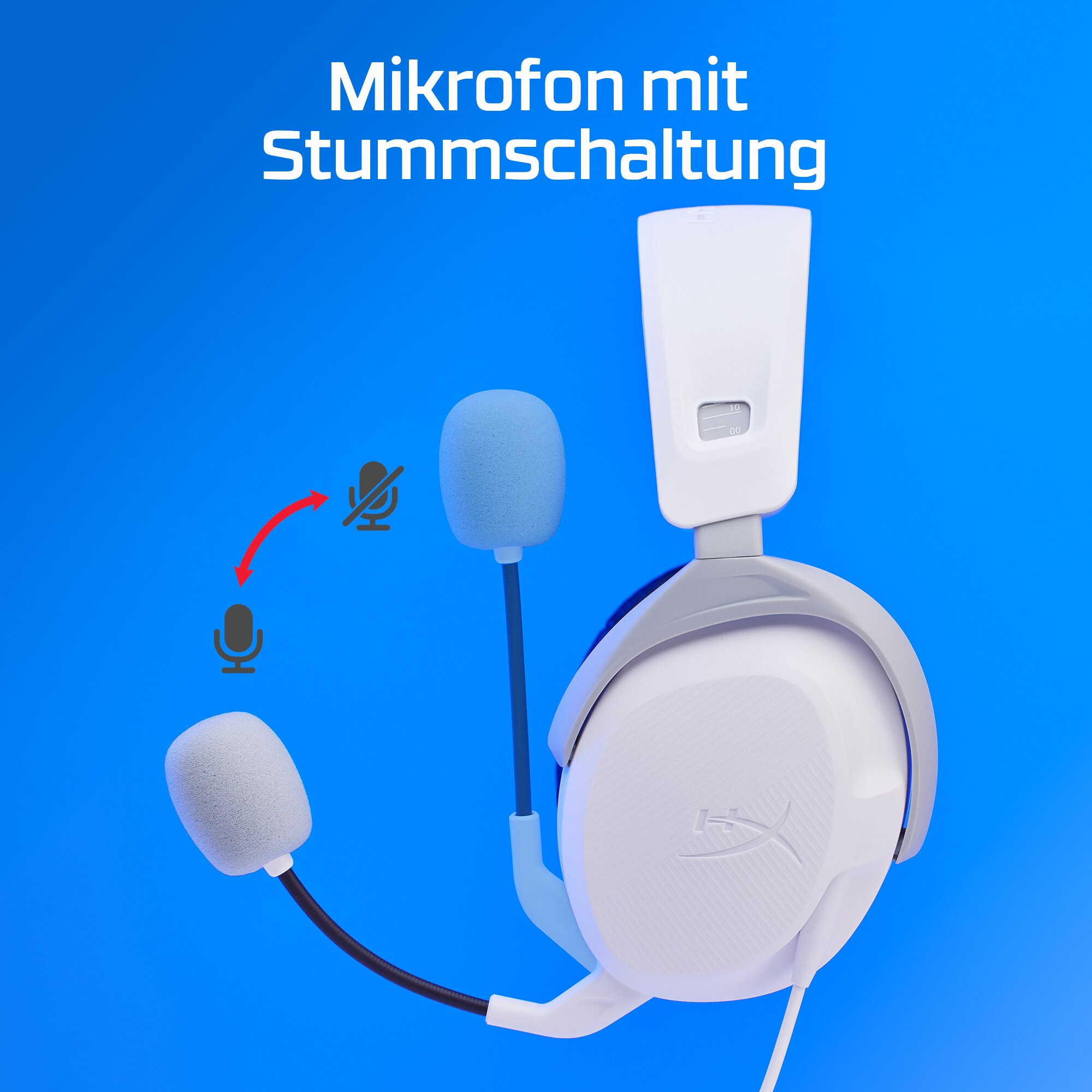 Headset mit Mikrofon und Stummschalttaste. Weiße Kopfhörer auf blauem Hintergrund.