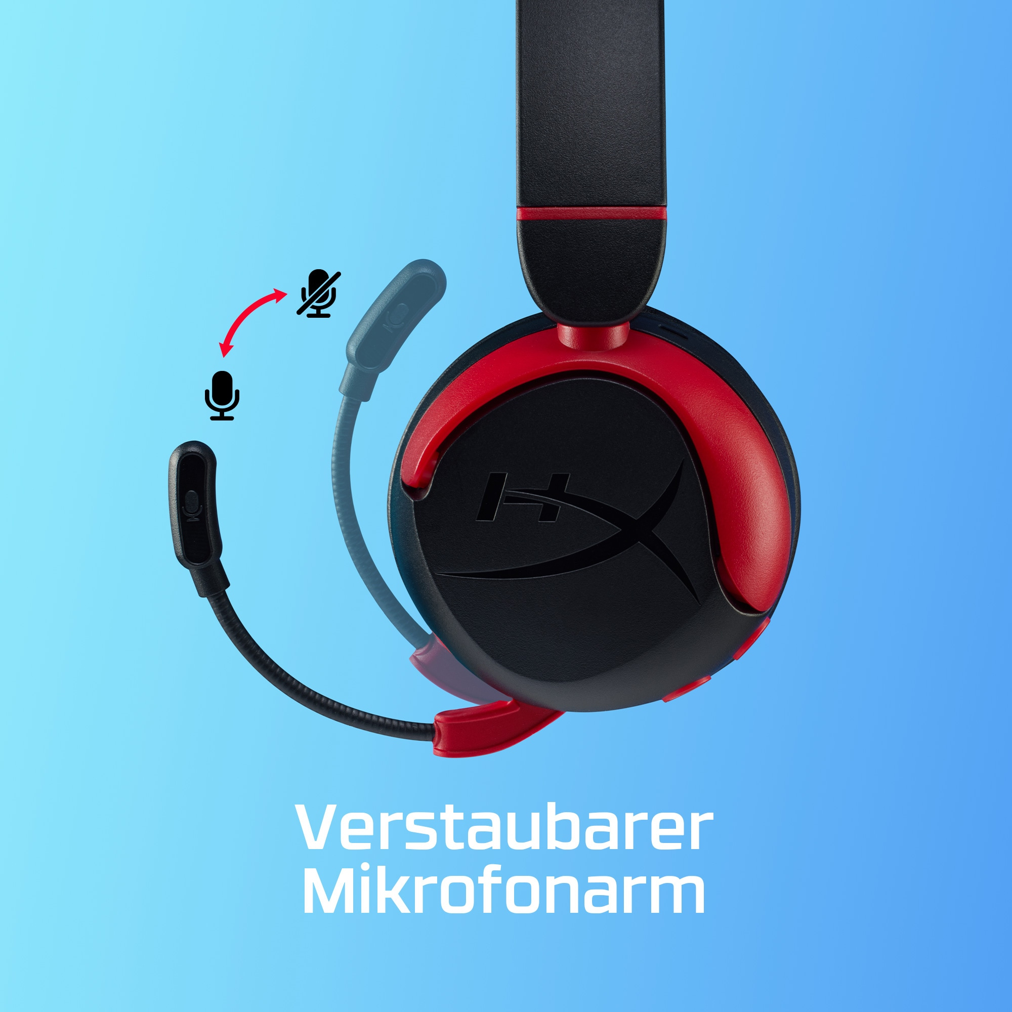 Schwarzes und rotes Gaming-Headset mit Mikrofon. Das Mikrofon kann entfernt werden.
