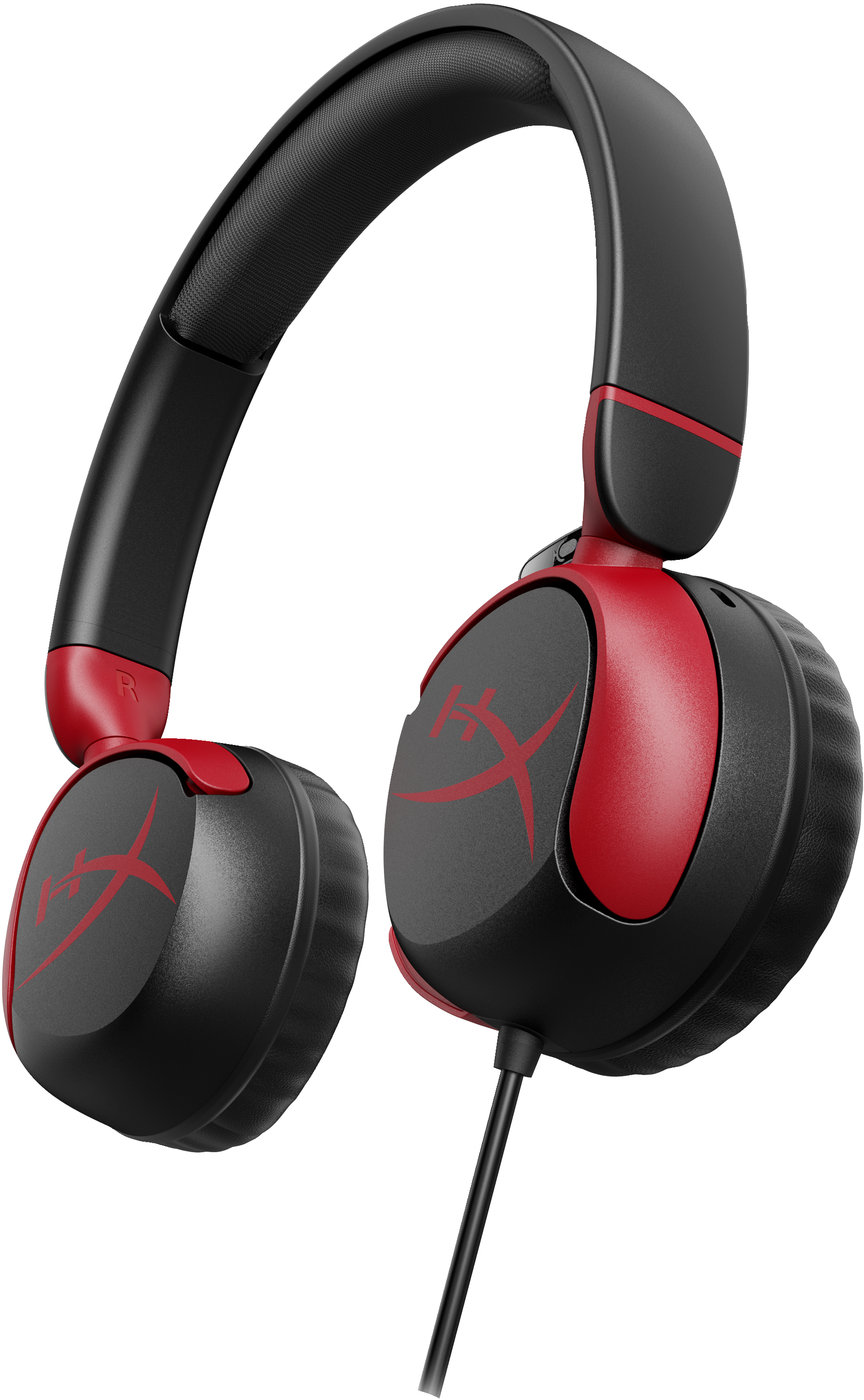 Schwarz-roter Kopfhörer mit HyperX-Logo. Schwarzer Kopfbügel und Ohrmuscheln mit roten Akzenten.