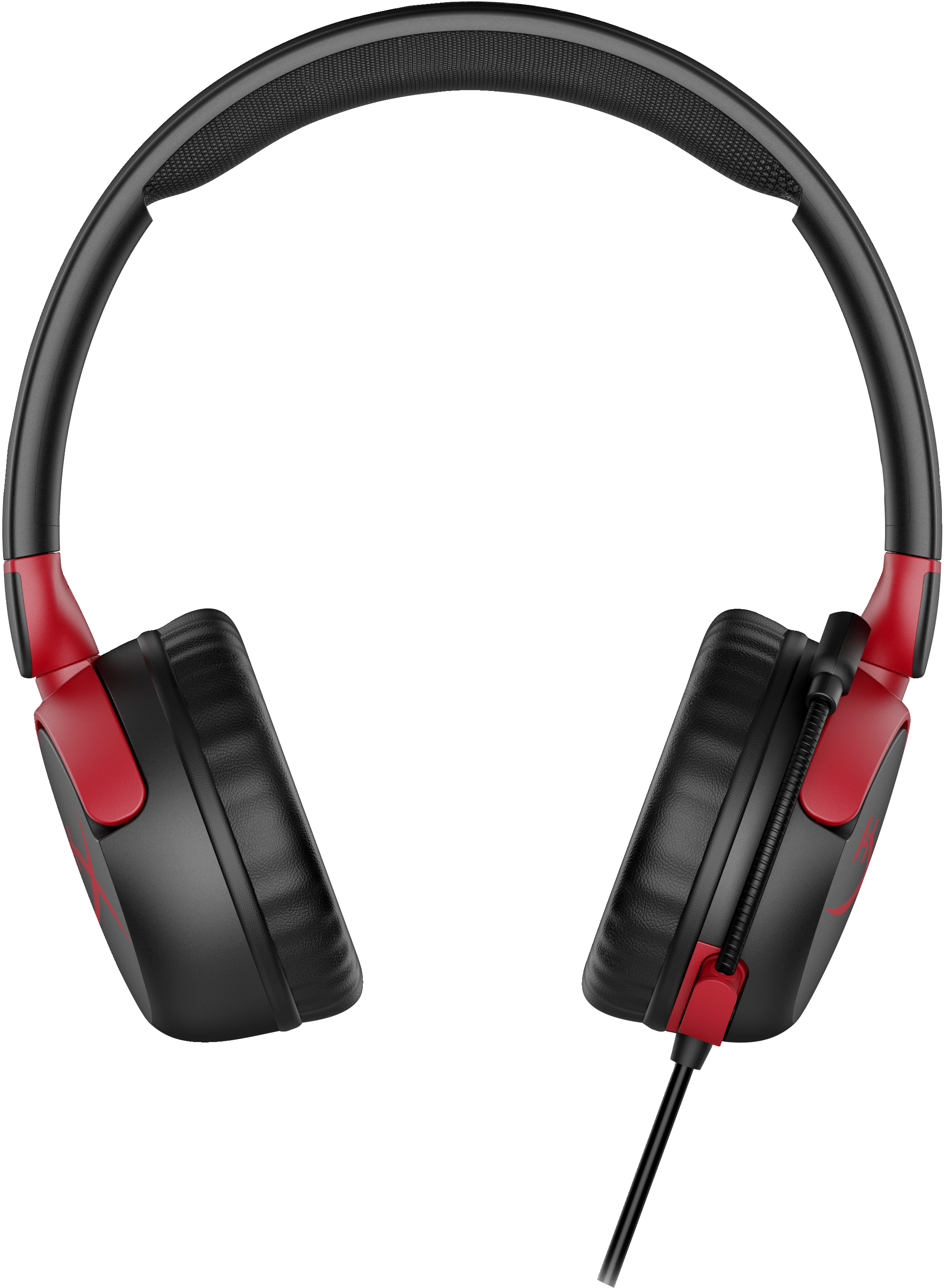 Rotes und schwarzes Gaming-Headset mit Mikrofon, von oben betrachtet, weißer Hintergrund.