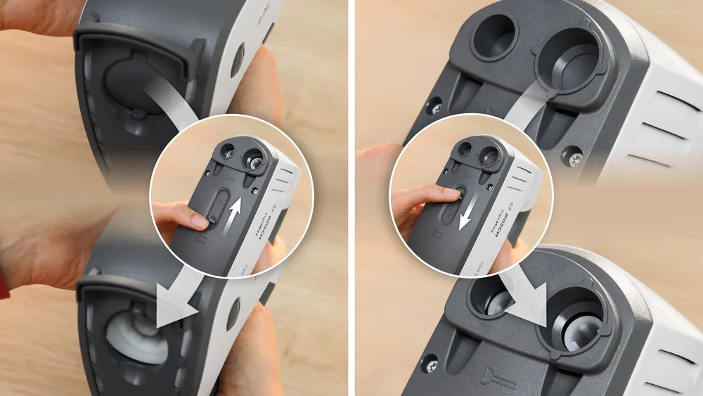 Dłonie demonstrują kroki białego i szarego urządzenia z przyciskiem.