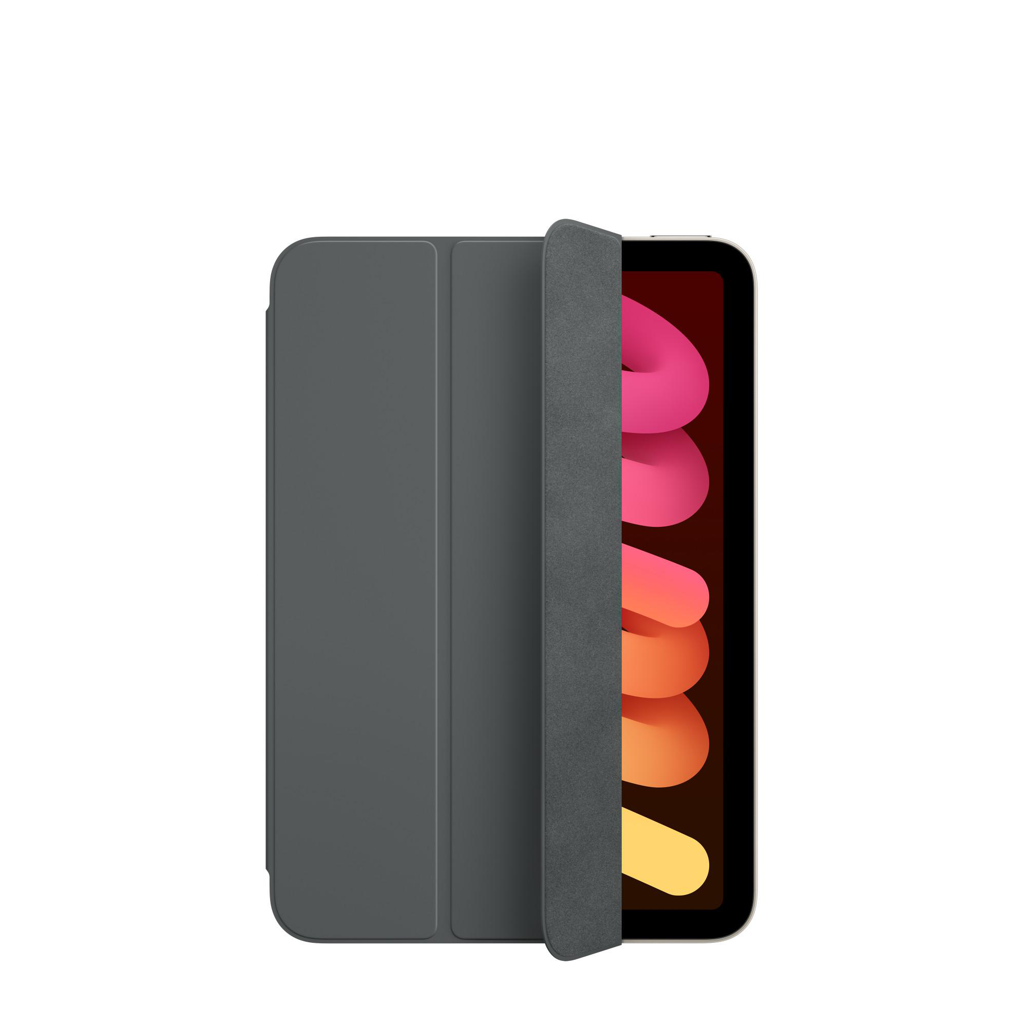 Ein graues iPad-Case, geöffnet, das den iPad-Bildschirm zeigt. Der Bildschirm zeigt ein farbenfrohes Bild.
