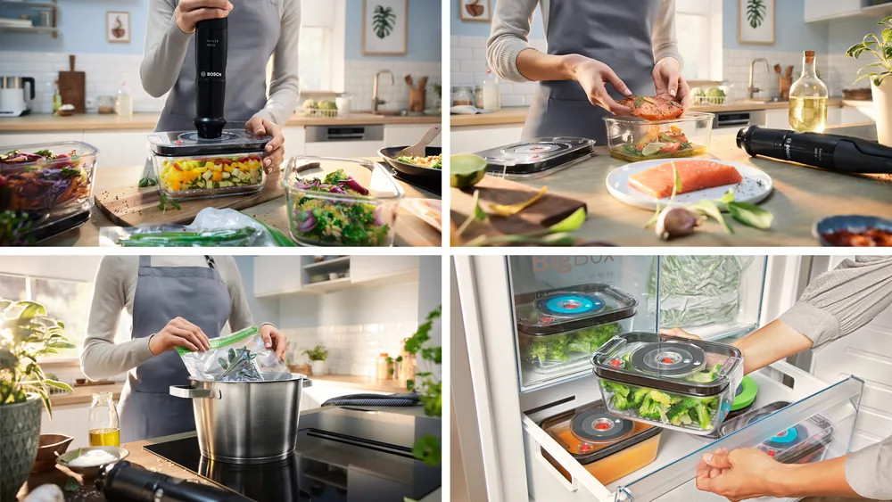 Cztery zdjęcia przygotowywania jedzenia za pomocą systemu próżniowego Bosch, z warzywami i mięsem.