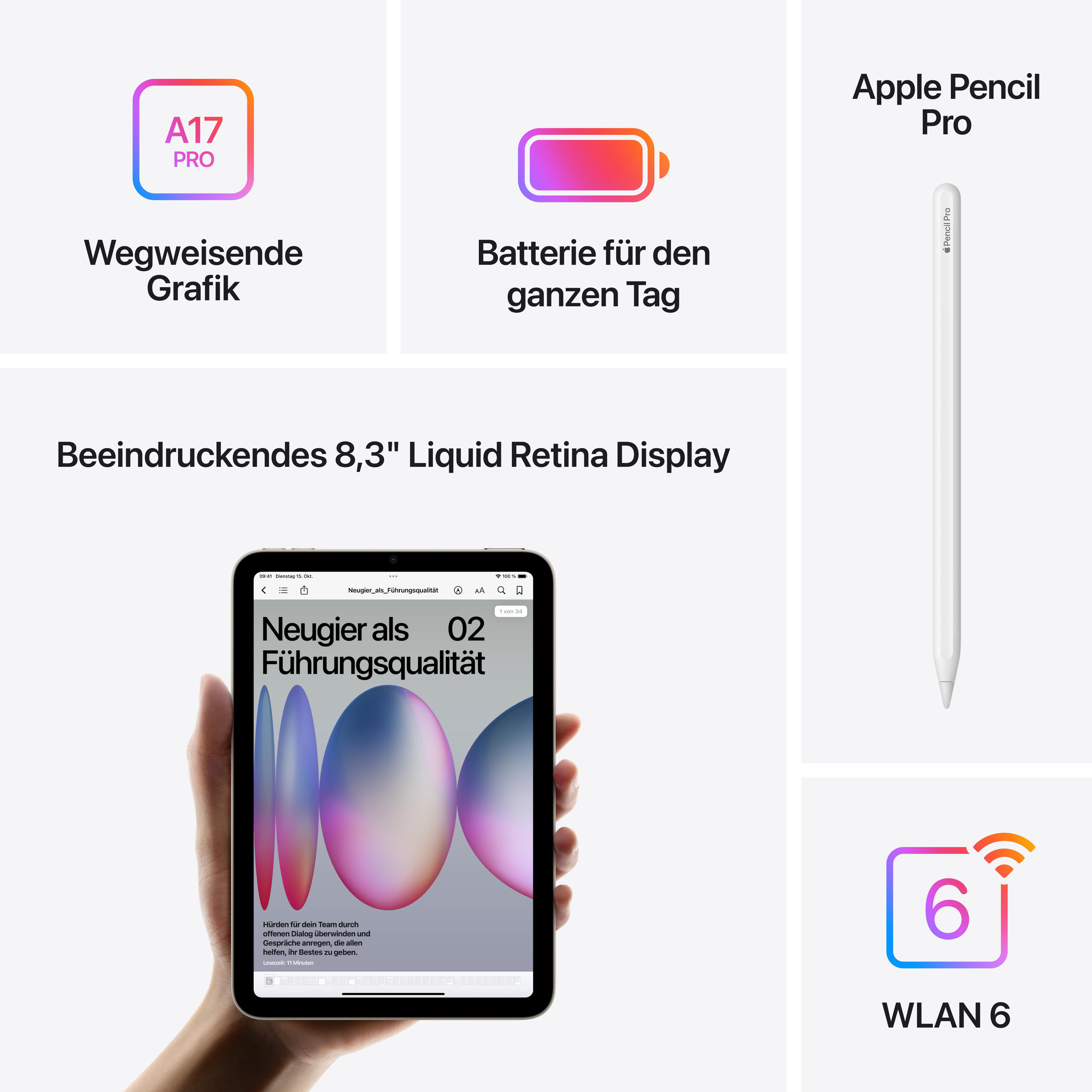 Ein iPad Mini mit einem Apple Pencil und grafischen Symbolen. Text enthält 'Liquid Retina Display'.