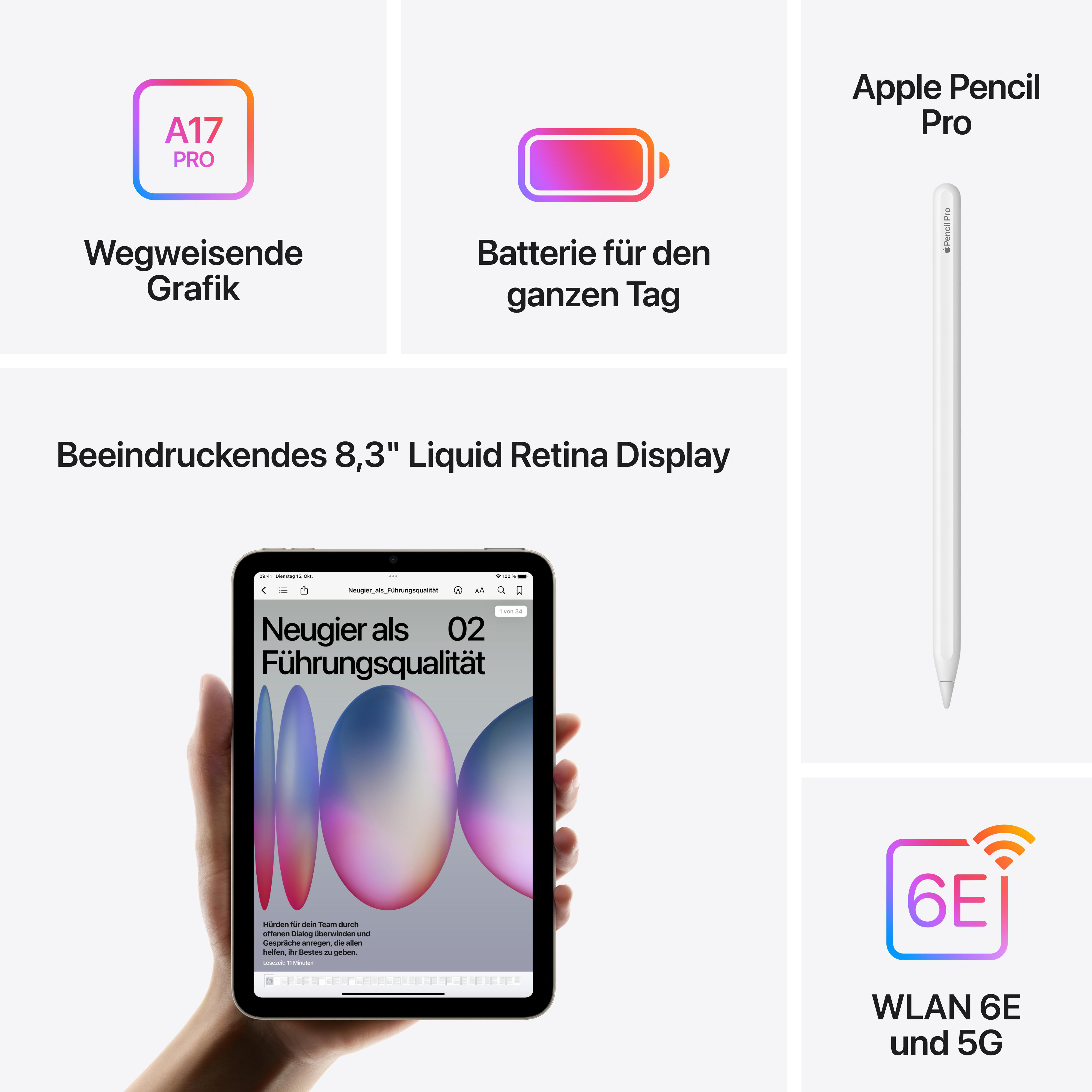 Werbung zeigt ein iPad, Apple Pencil Pro und Funktionen wie A17 Pro und WLAN 6E. Text auf Deutsch.