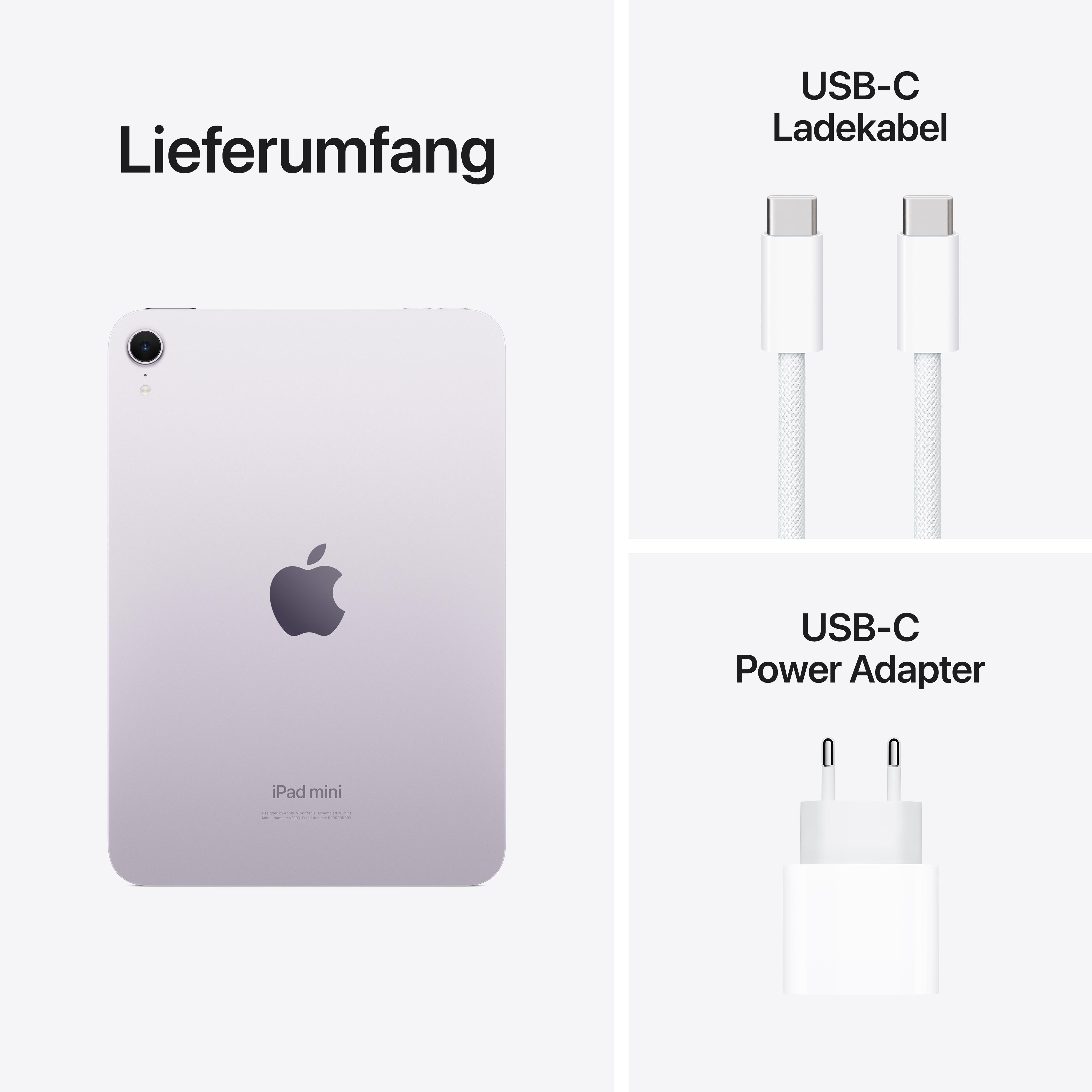 Ein iPad mini, ein USB-C-Kabel und ein Netzteil vor hellem Hintergrund.