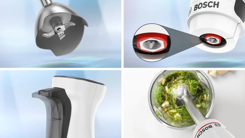 Cztery zbliżenia pokazujące elementy blendera ręcznego Bosch.
