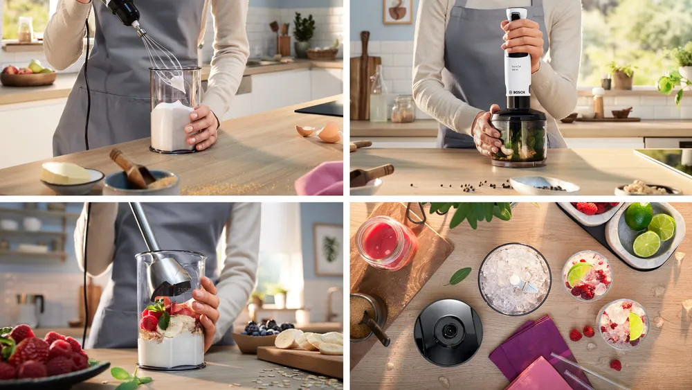 Cztery obrazy przygotowywania jedzenia za pomocą blendera. Składniki są widoczne.