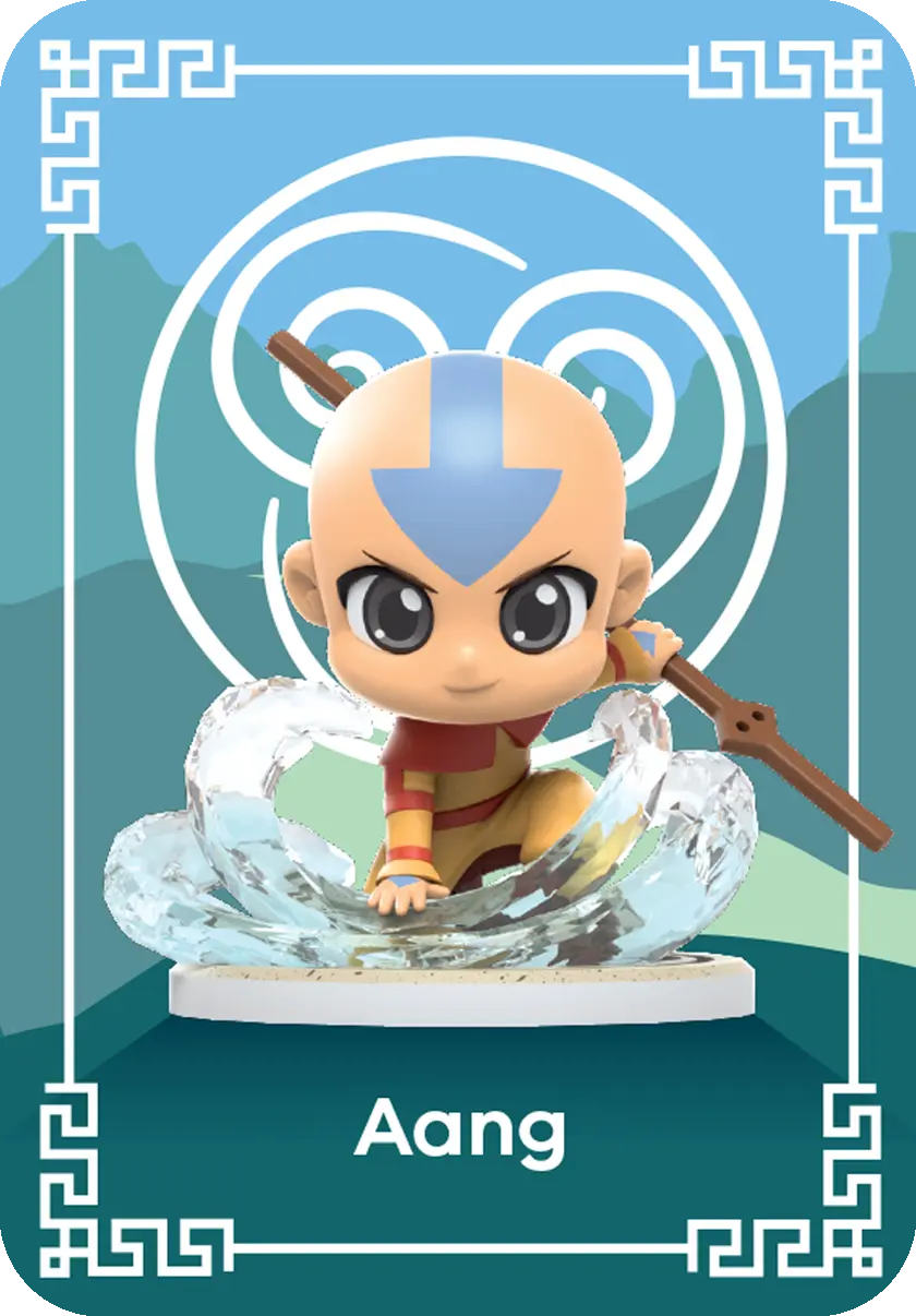 Aang-Figur aus Avatar, mit Stab, Wasser und Logo.