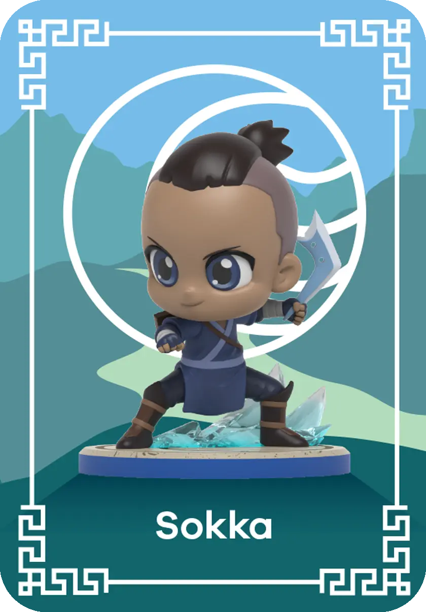 Ein Cartoon von Sokka in blauem Outfit mit einem Bumerang.