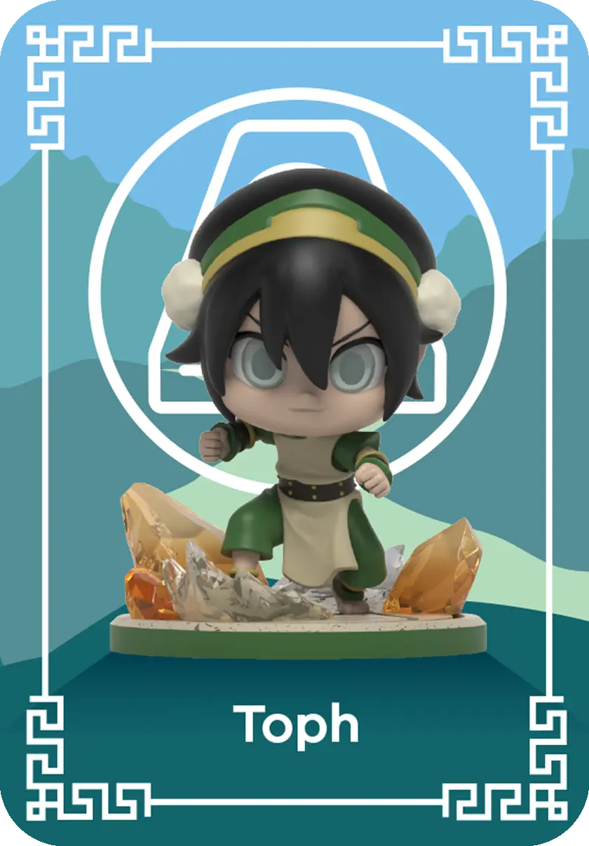 Eine Toph-Figur in stilisierter Pose, mit Avatar-Hintergrund.