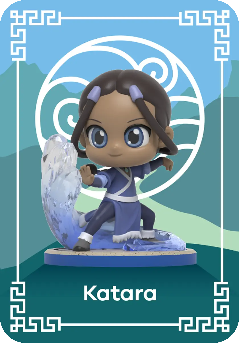 Eine Katara-Figur aus Avatar steht vor blauem Hintergrund mit Wassereffekten.