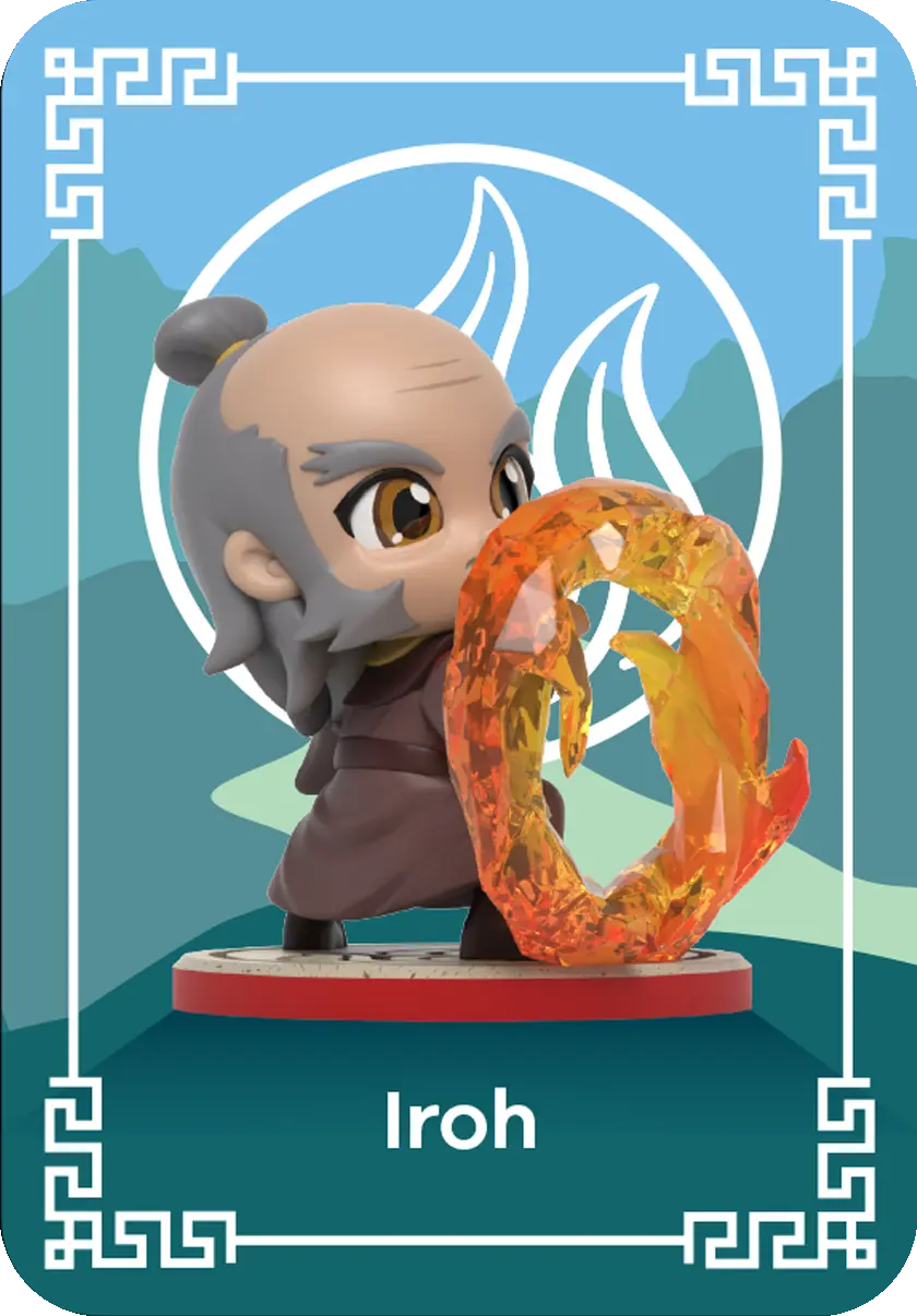 Iroh-Figur mit Feuer-Element-Karte auf dekorativem Hintergrund.