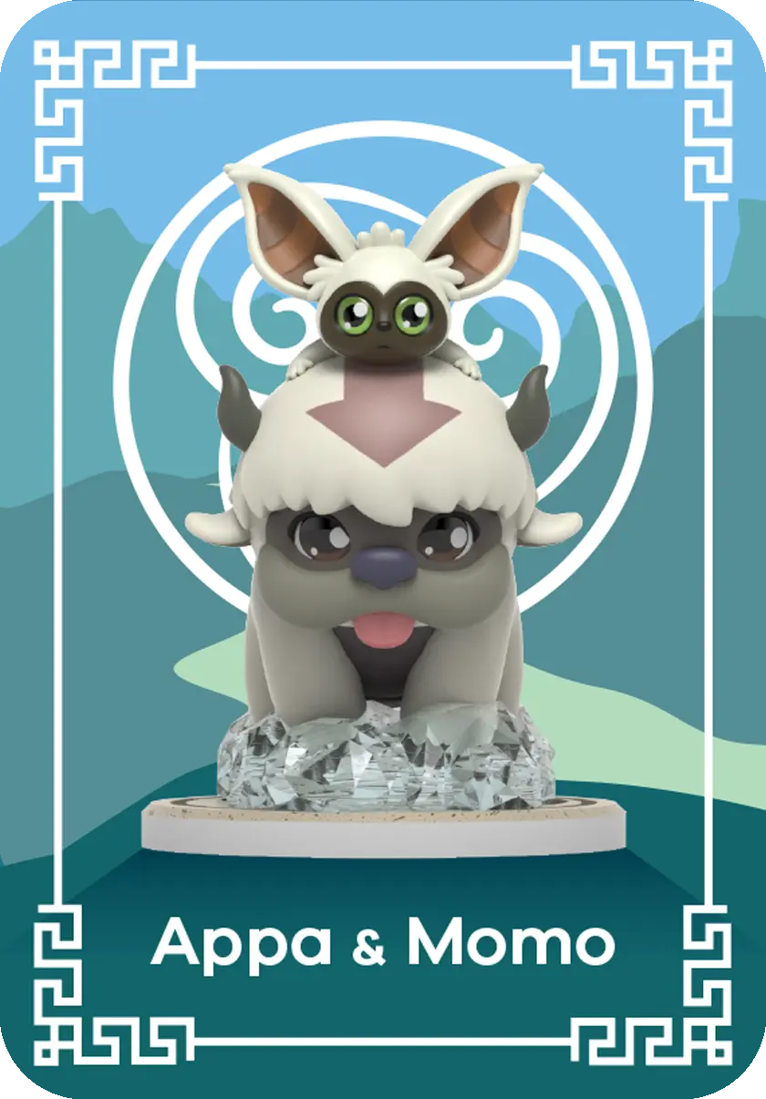 Appa und Momo aus Avatar: Der Herr der Elemente, ein Cartoon-Bild mit blauem Hintergrund.