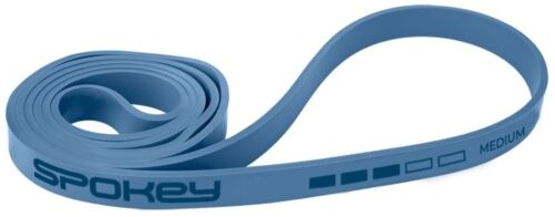 Niebieska taśma oporowa Spokey, zwinięta, z nazwą marki i wskaźnikami oporu średniego.