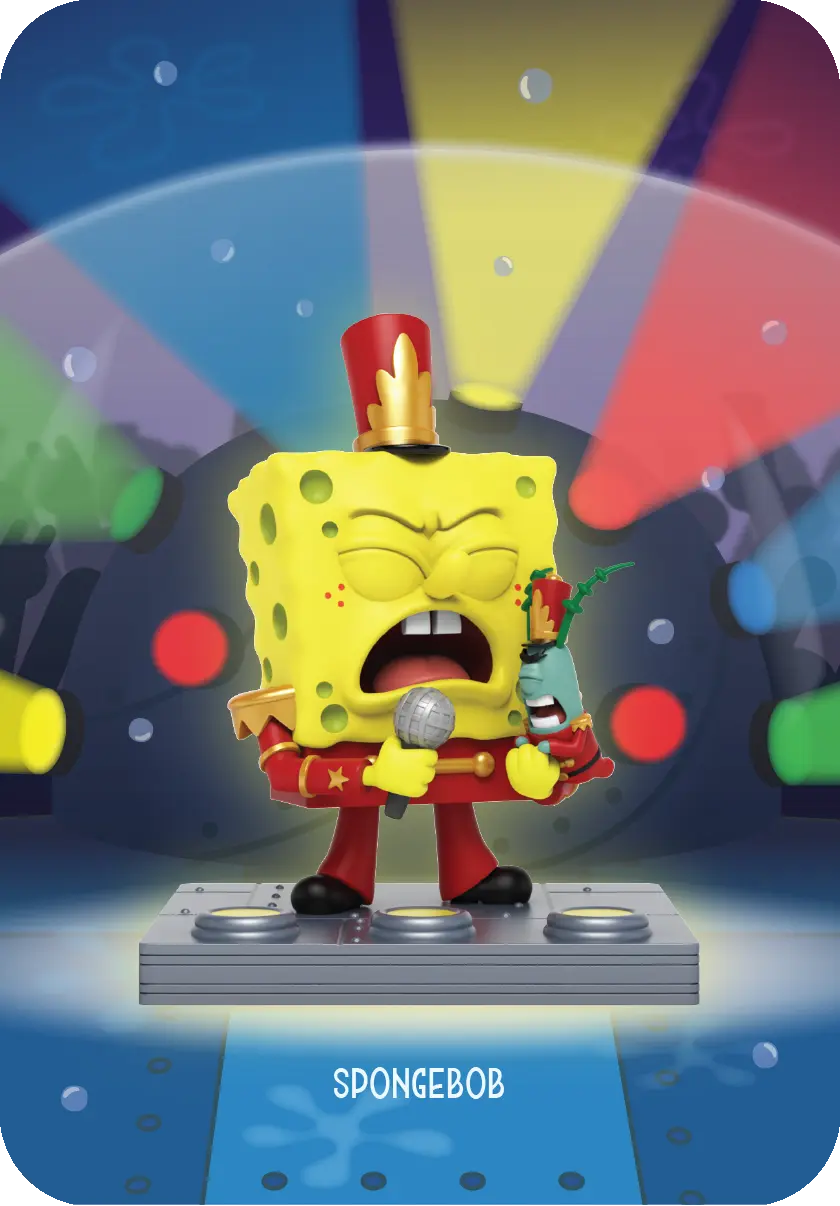 SpongeBob-Figur in Banduniform, hält ein Mikrofon, Plankton hält ein kleines Mikrofon.