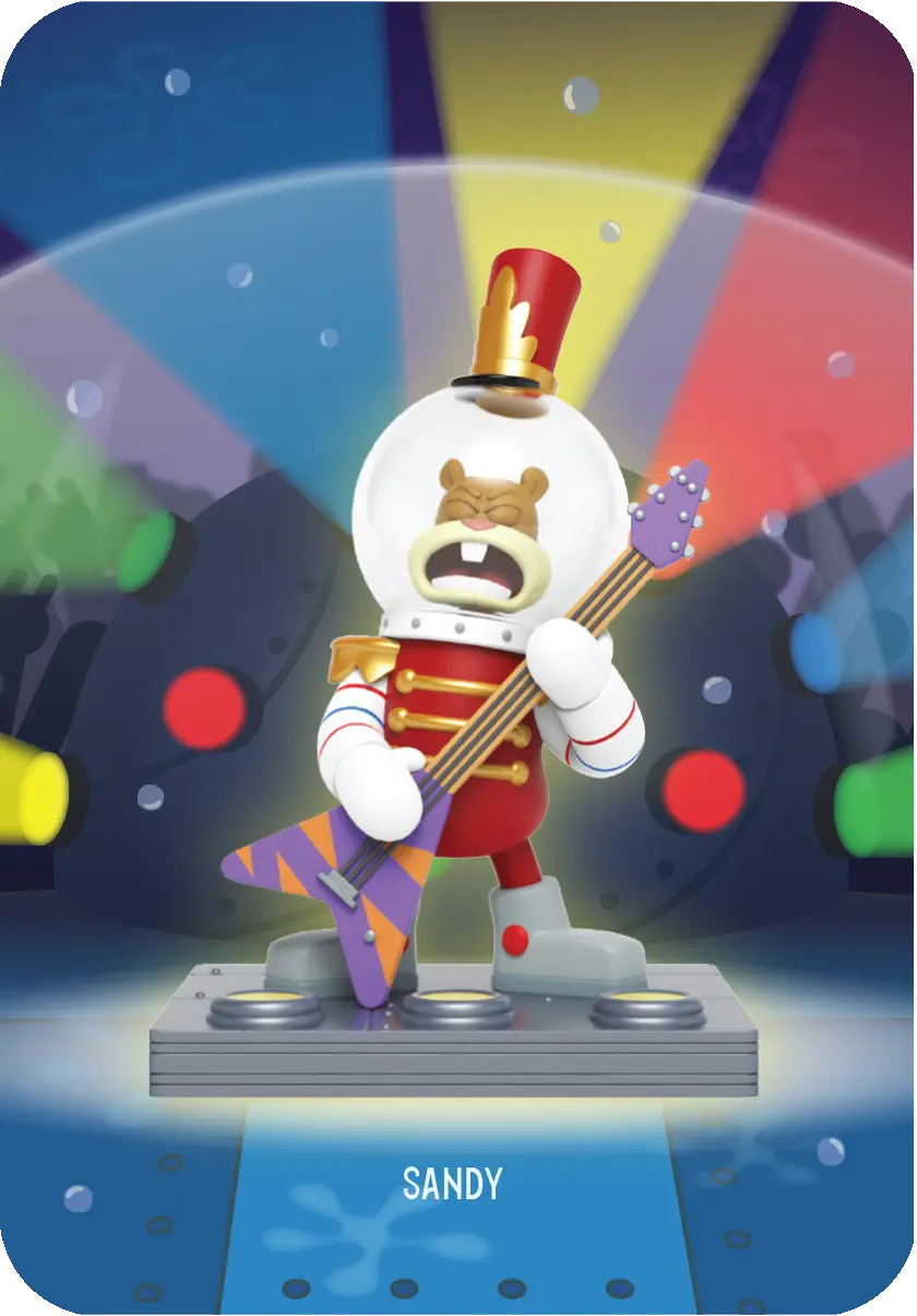 Sandy in einer Banduniform, die Gitarre auf einer Bühne spielt.