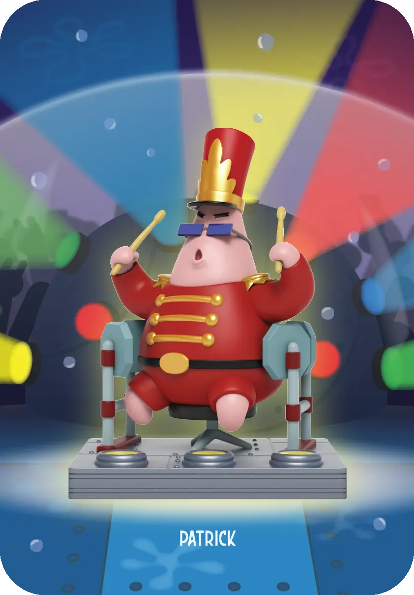 Patrick Star von Spongebob in einer Banduniform mit Drumsticks, in einer farbenfrohen, beleuchteten Bühnenkulisse.