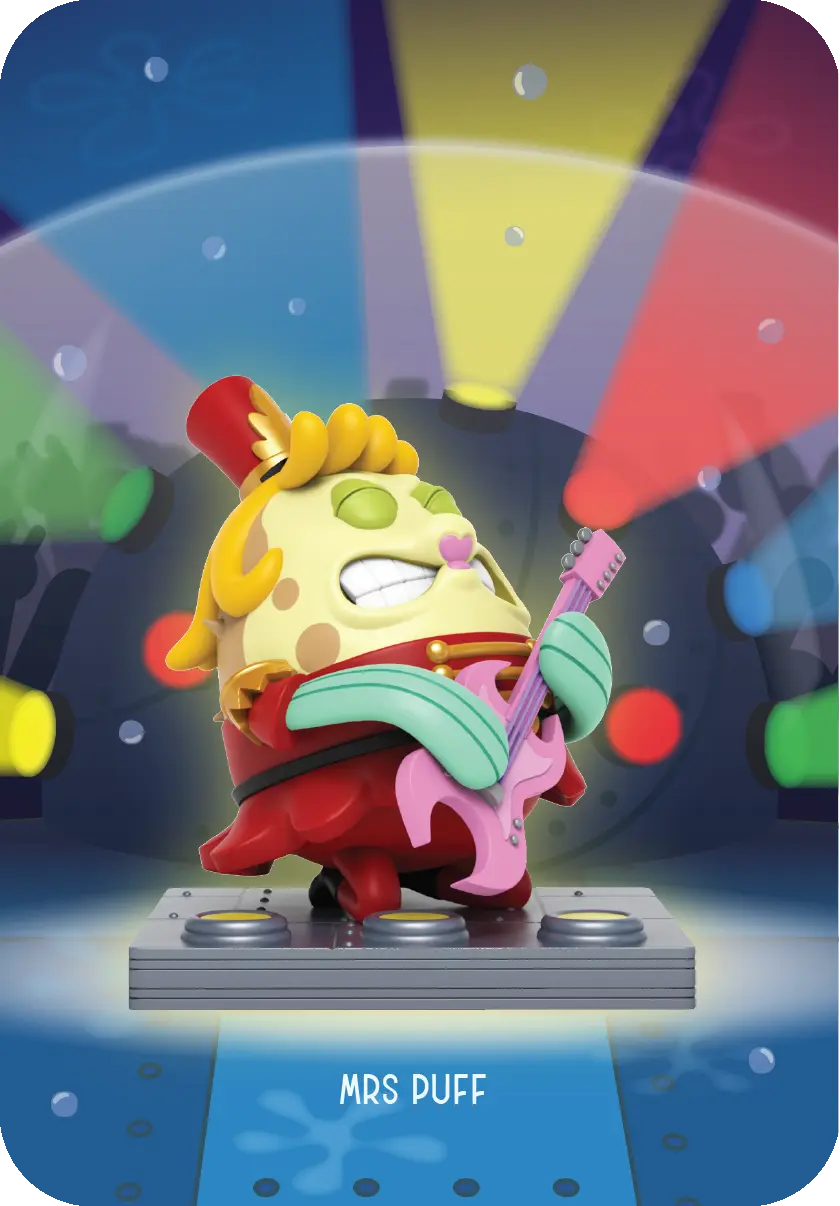 Mrs. Puff-Figur aus Spongebob Schwammkopf. Gelb und rot. Hält eine Gitarre.