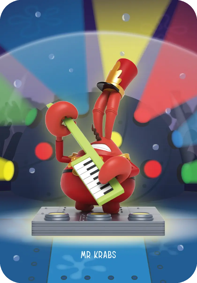 Mr. Krabs spielt Keyboard auf einer Bühne mit hellen, bunten Lichtern.