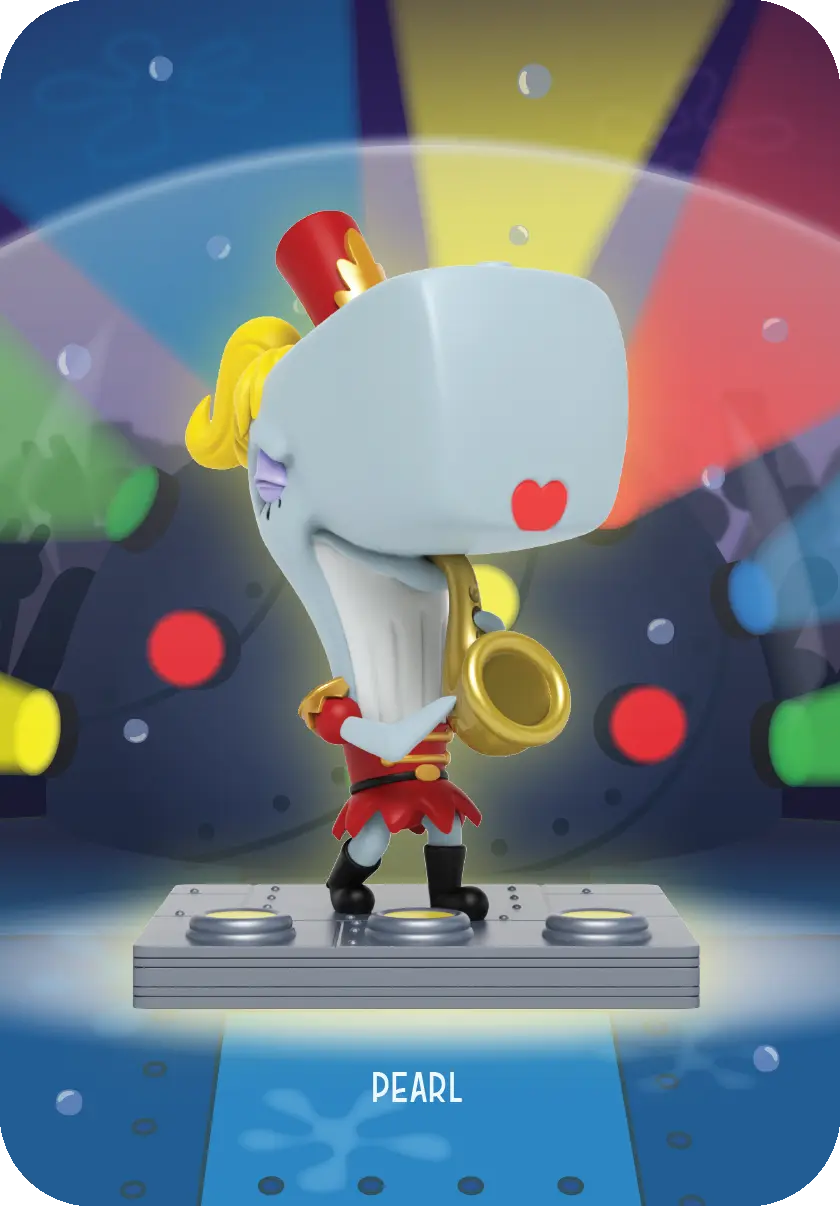 Pearl von Spongebob, in rotem Outfit, spielt Saxophon.