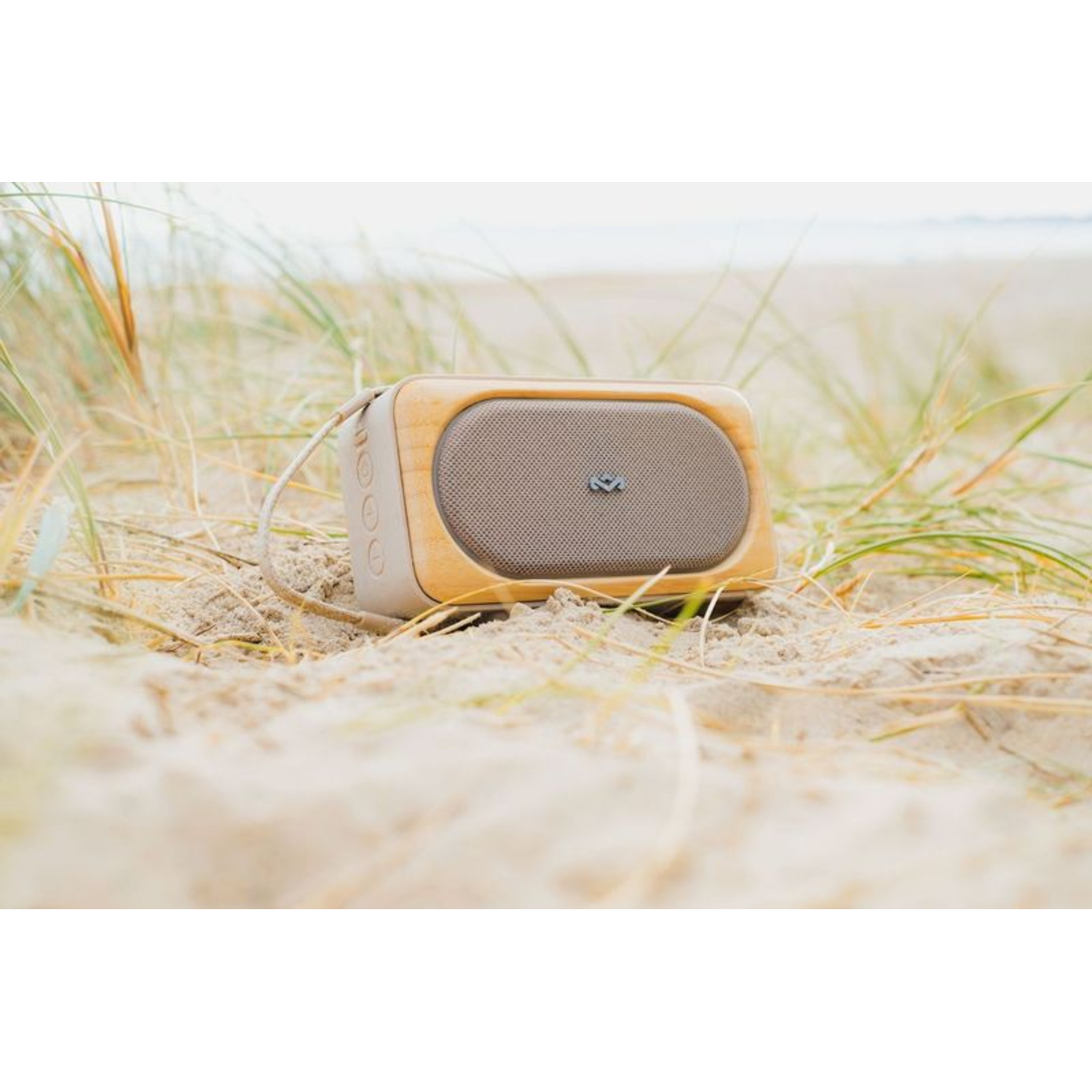 Een rechthoekige luidspreker ligt op zand met hoog gras op de achtergrond en een strand en zee in de verte.
