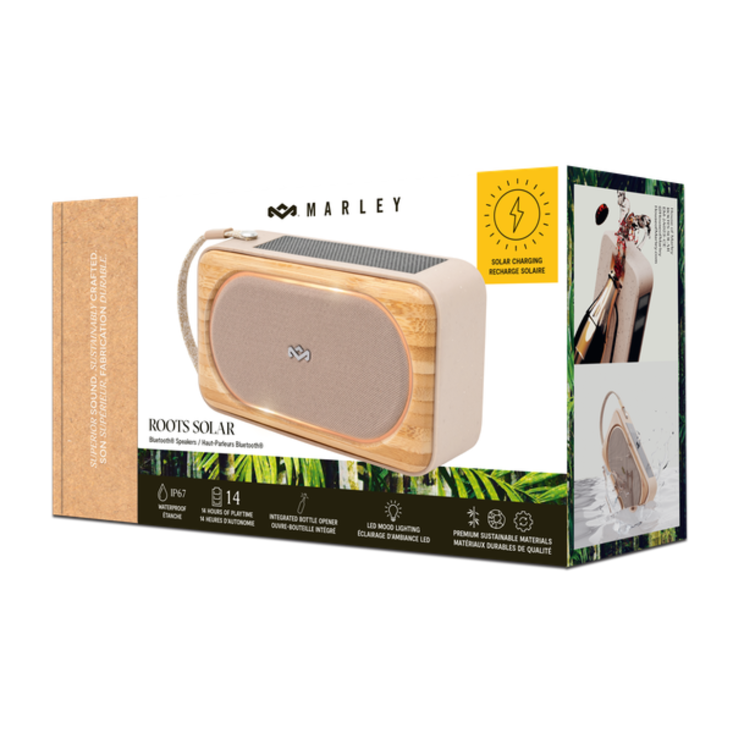 Marley Roots Solar speakerbox. De doos toont de speaker en zijn functies, waaronder opladen op zonne-energie.