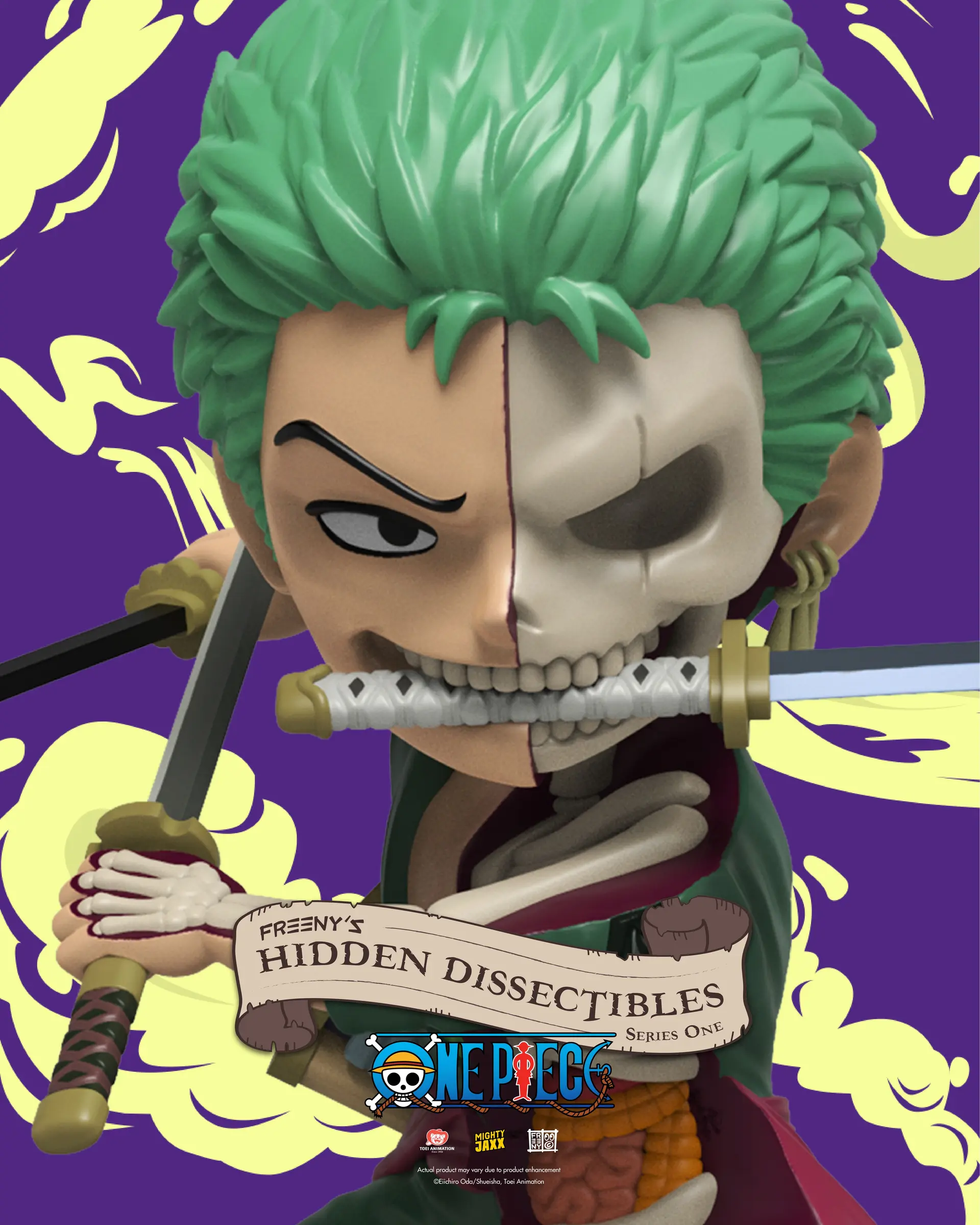 Zoro-Figur aus One Piece, halb menschlich, halb skelettartig, Schwerter haltend.