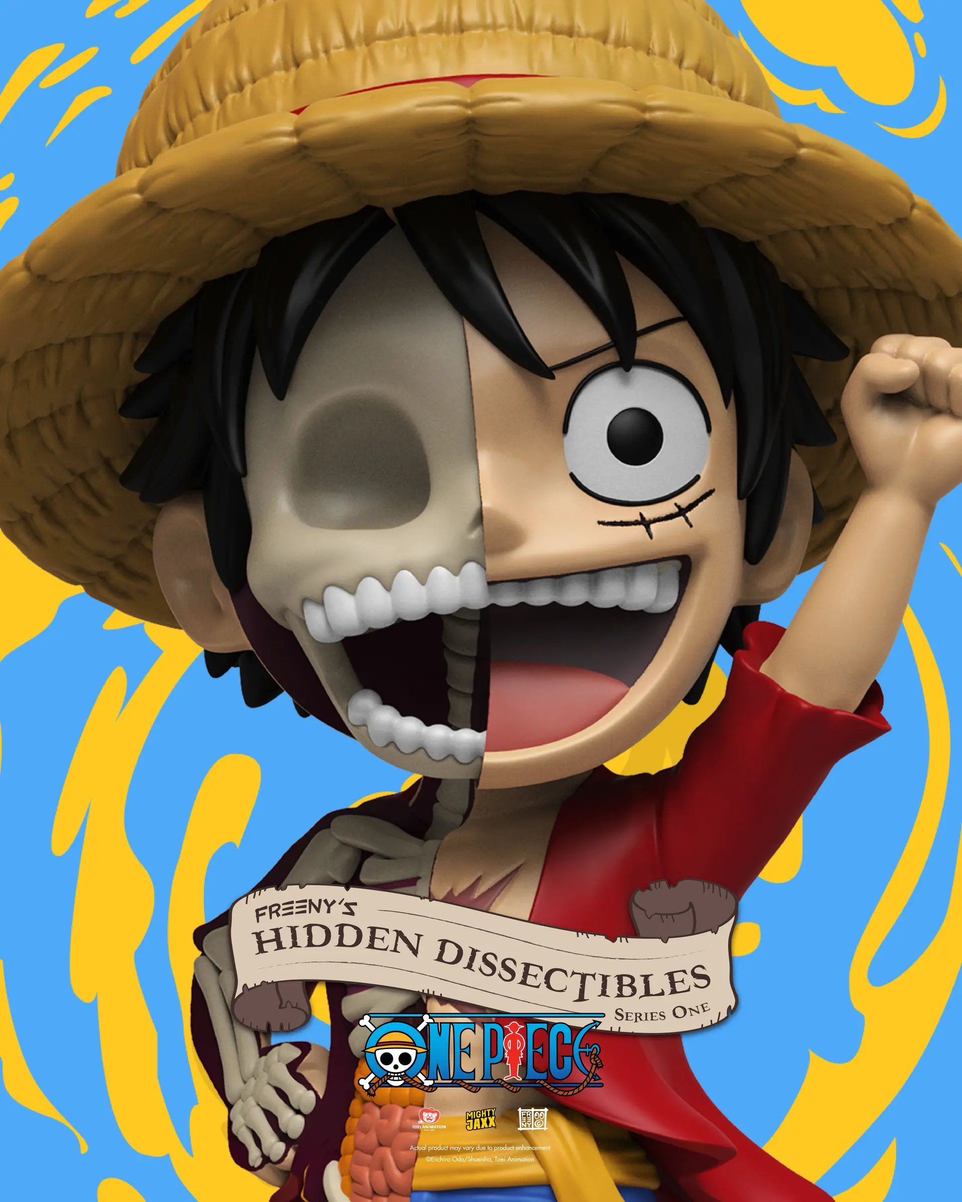 Cartoonfigur von Luffy aus One Piece, halb Skelett, halb normal, lächelnd.