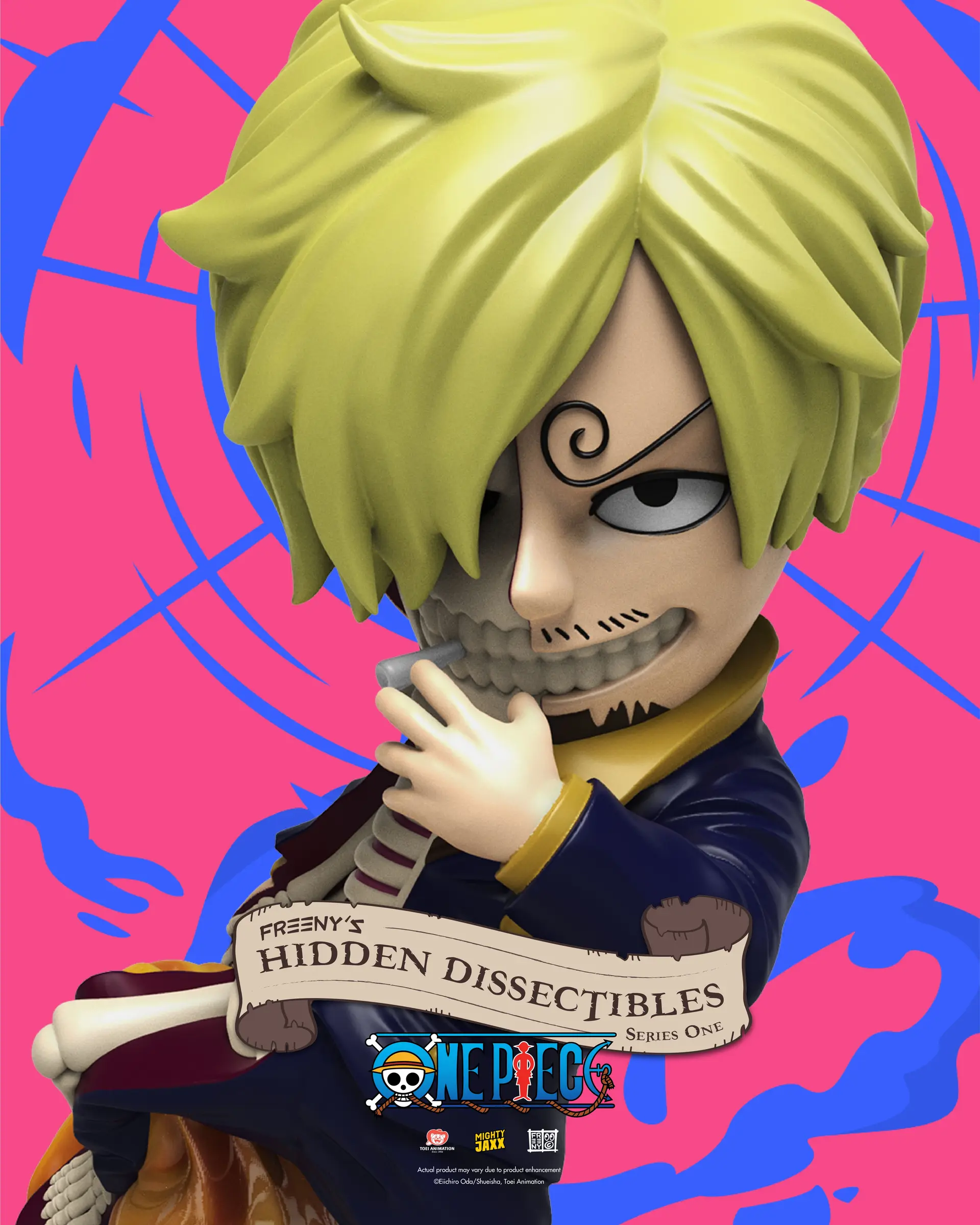 Eine Sanji-Figur aus One Piece mit rosa Hintergrund.