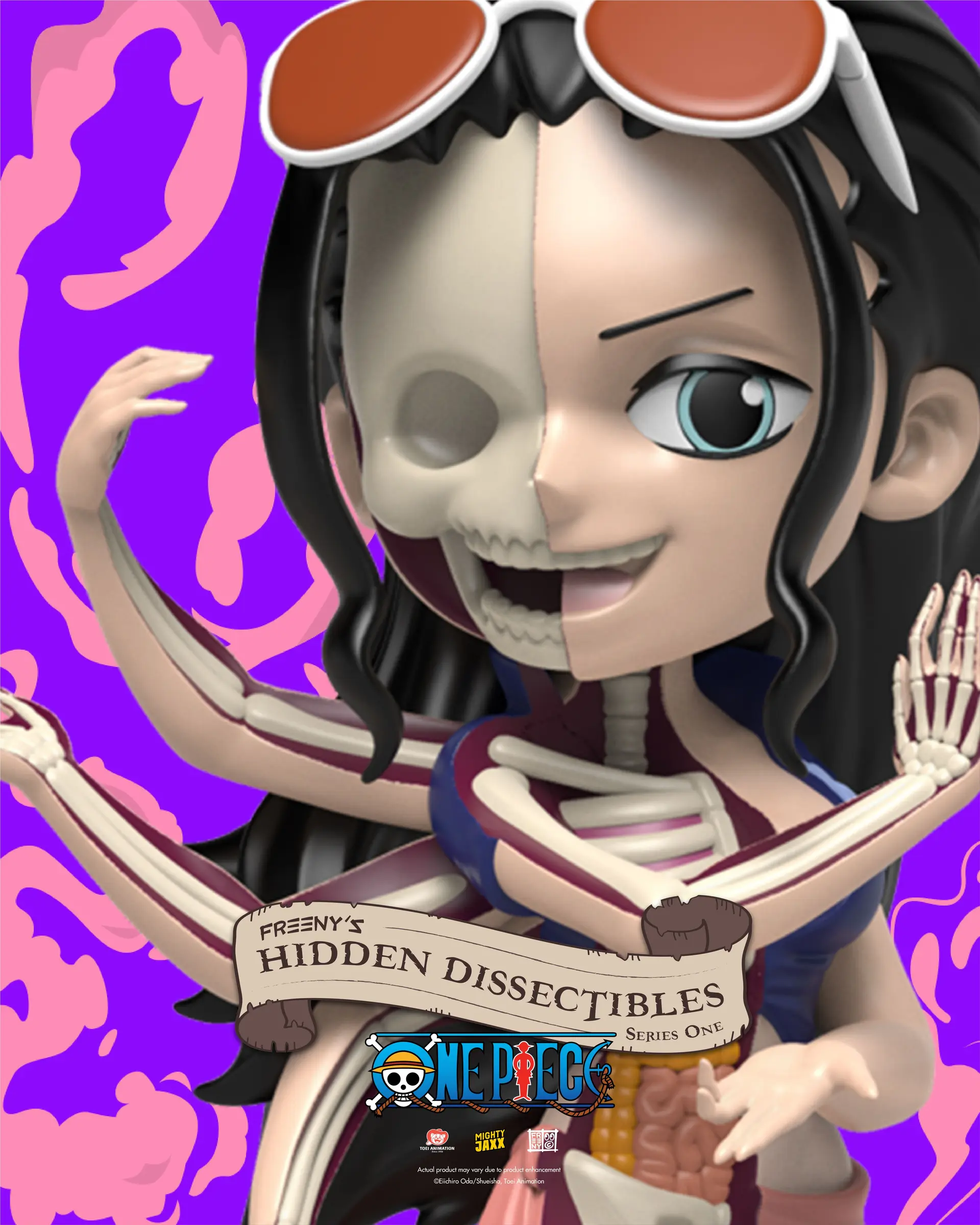 Robin One Piece Figur, halbiert, Skelett zeigend, auf lila Hintergrund.