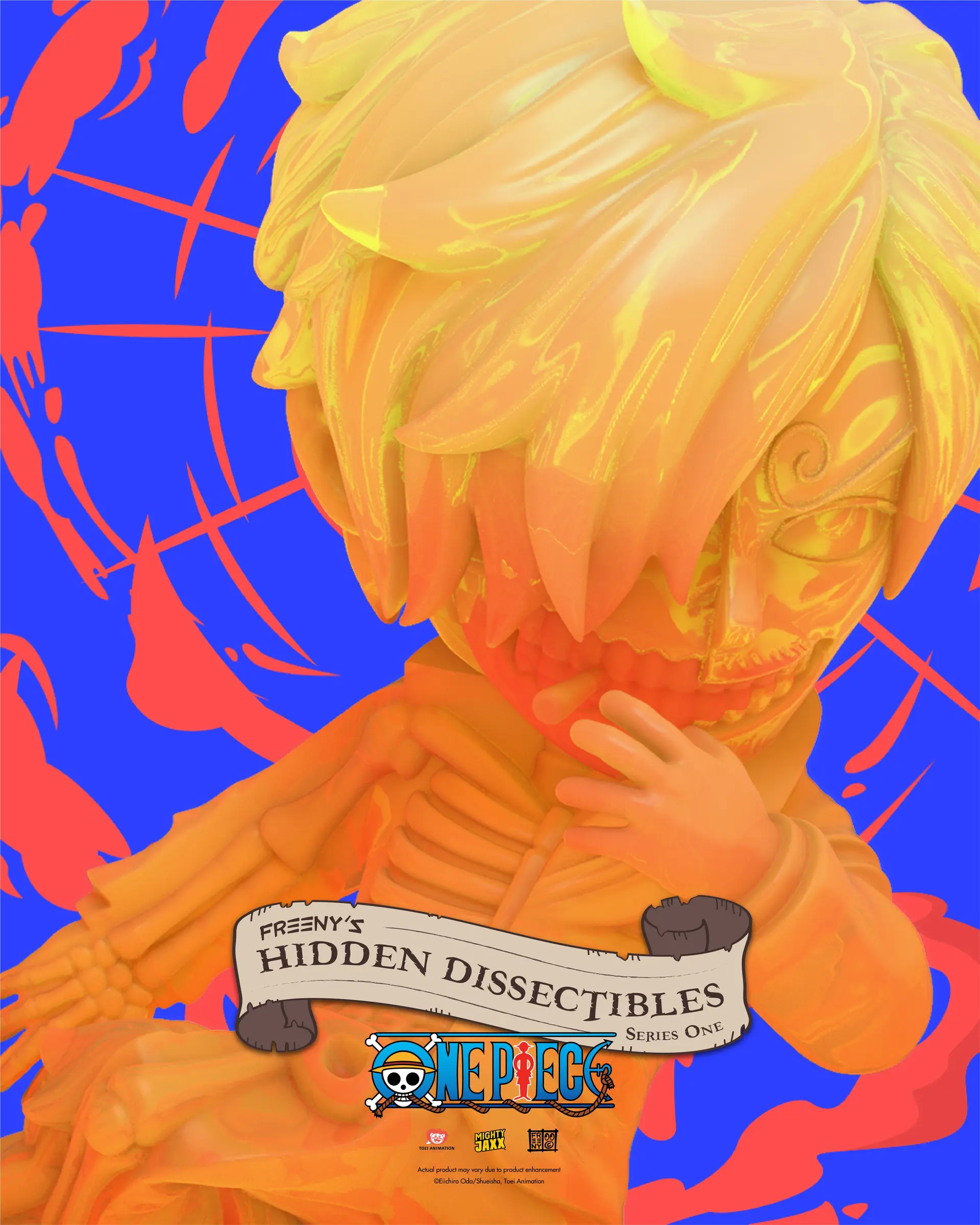Eine Figur mit orangener Haut, die ihr Gesicht hält, mit rotem und blauem Hintergrund.