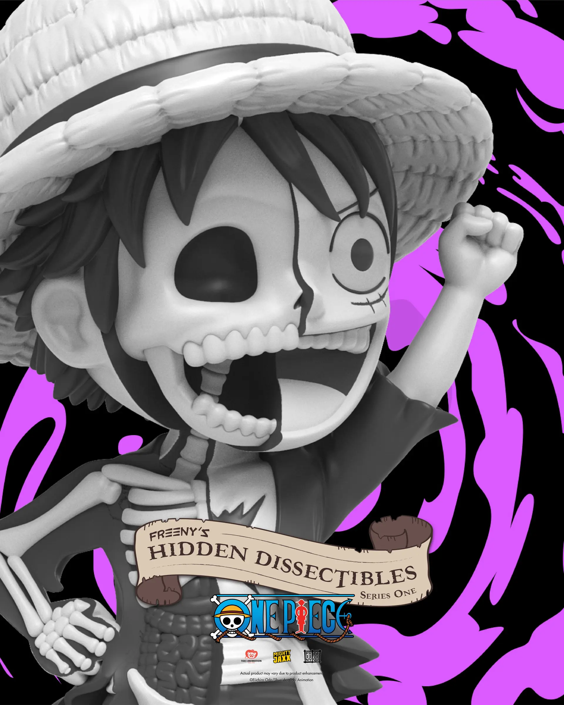 Eine monochrome Luffy-Figur mit Skelett-Details, lächelnd mit erhobener Faust, vor einem lila-schwarzen Hintergrund.