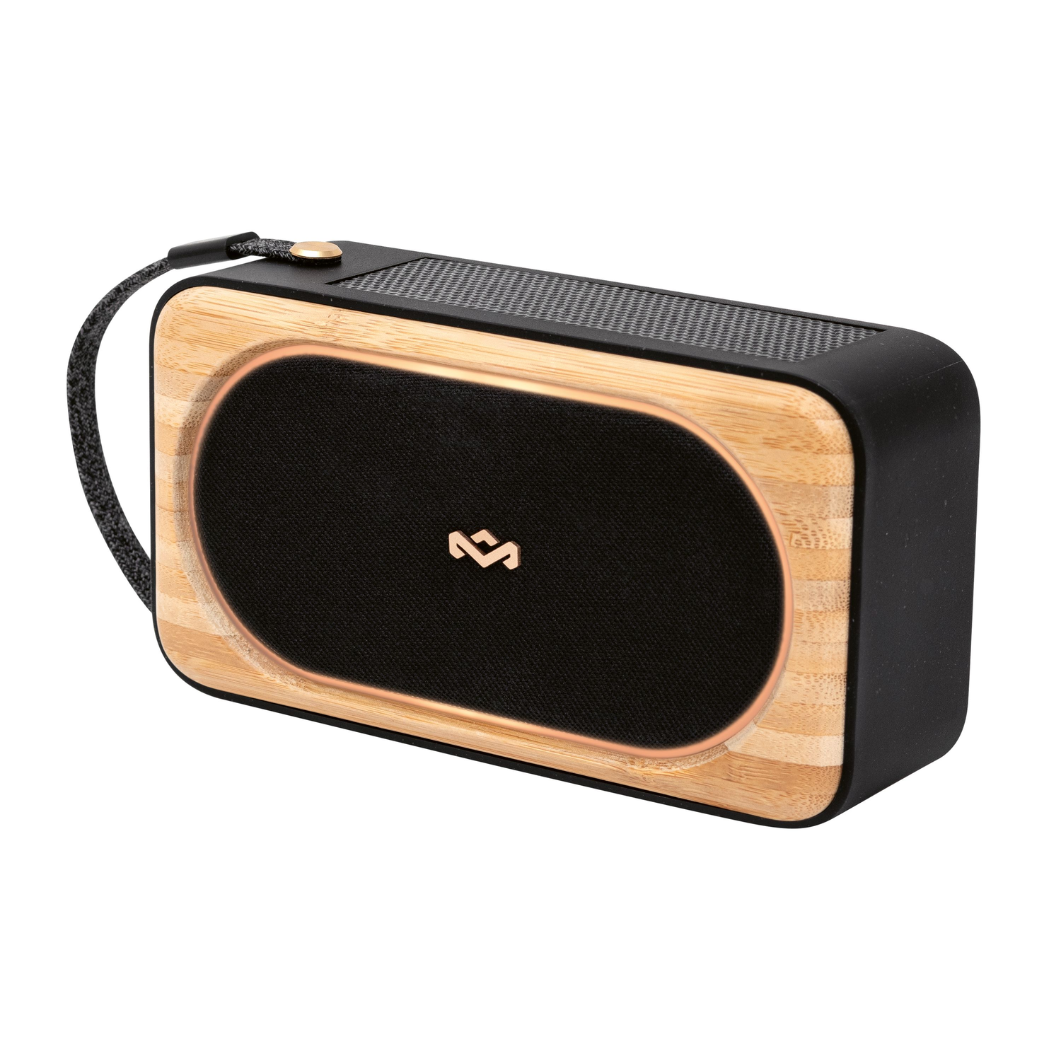 Small, rectangular wooden speaker with a black front. Black strap. Isolated on a white background.