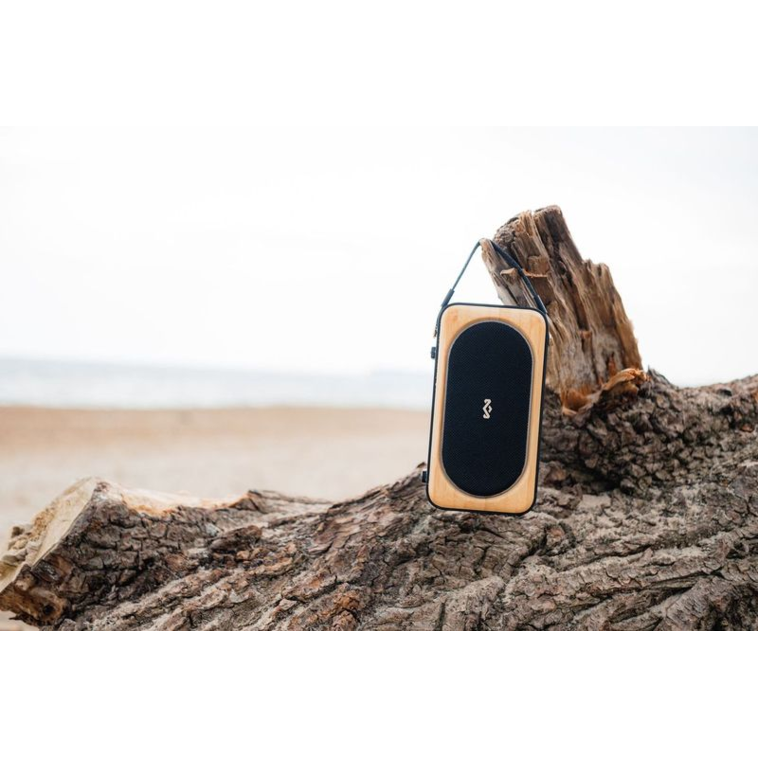 A speaker on a log at the beach. The speaker is black and wood-colored.