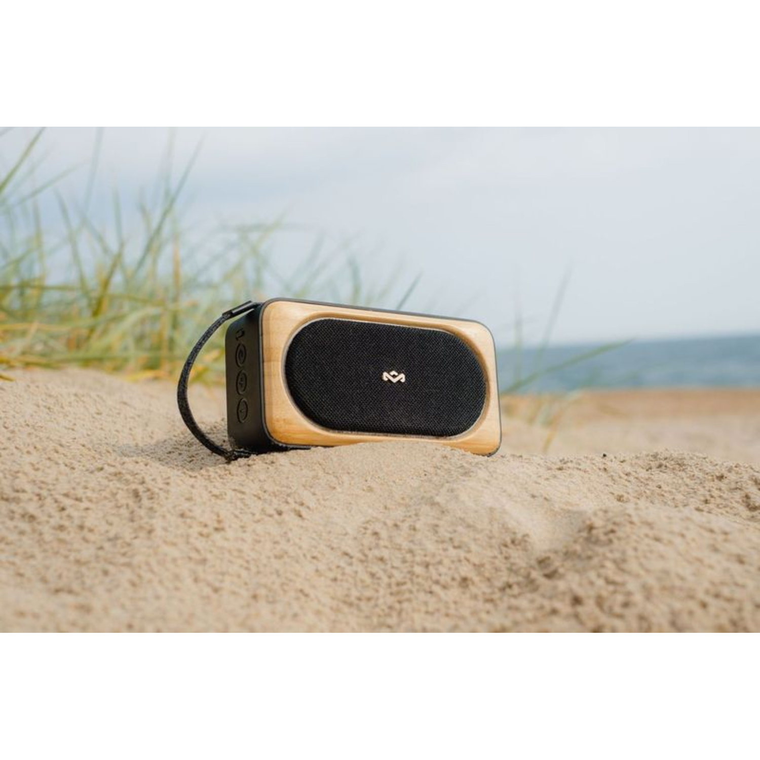 A black and wood speaker on sand, near the sea. The speaker has a handle.