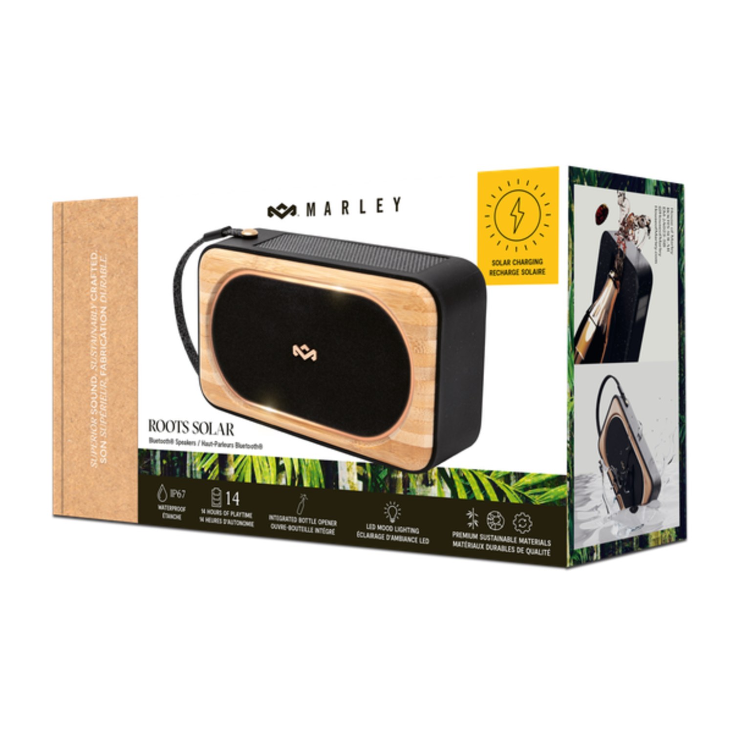Marley Roots Solar speaker box with images of the speaker and features.