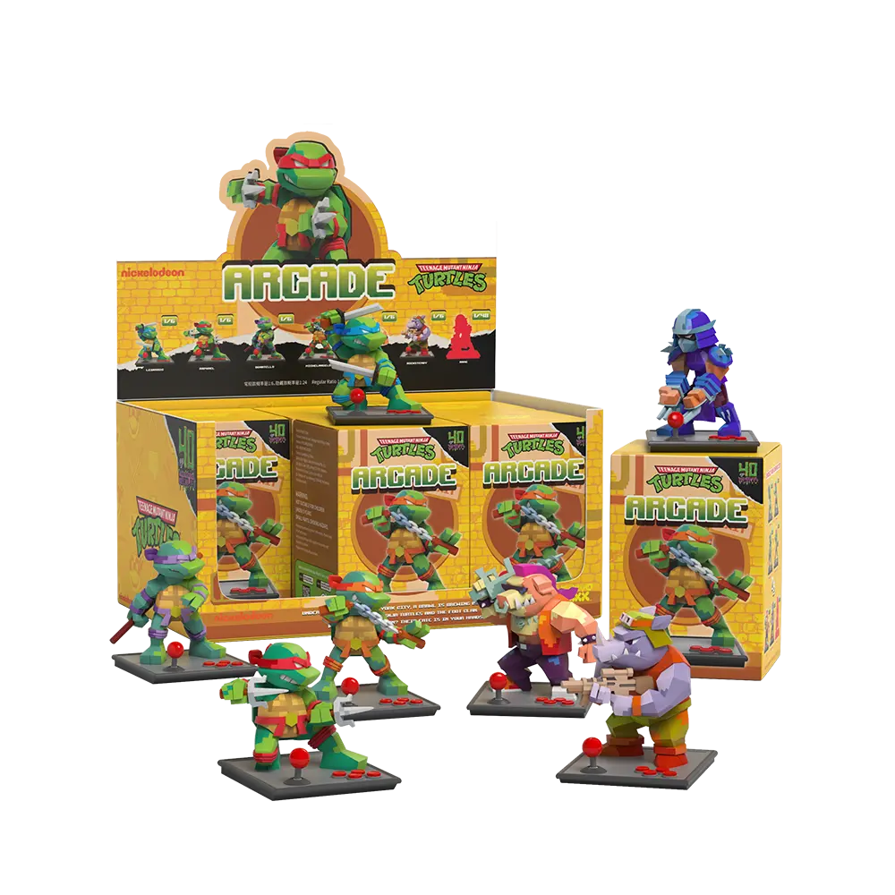 Eine Box mit Teenage Mutant Ninja Turtles Arcade-Figuren, mit verschiedenen Charakteren.