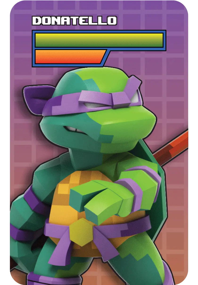 Donatello, Schildkröte, Cartoon, mit Lebens- und Energiebalken. Lila Hintergrund.